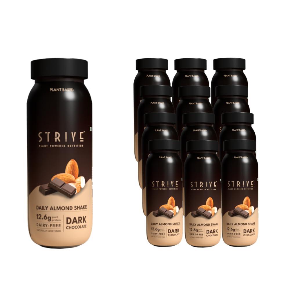 STRIVE Strive Vegan Protein Shake with 12.6g Plant Protein and 25% Calcium, Naturally Sweetend, Low Calorie Drink, Gluten & Trans Fat Free, Gut Friendly, Source of Fiber, Pack of 12 x 200ml (Dark Chocolate Almond)