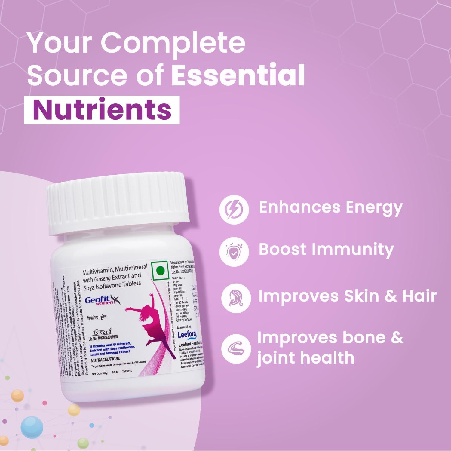 GEOFIT Geofit Multivitamin Tablets for Women with Biotin, Multiminerals and Ginseng Extract | Vitamin C, E & A | Health Supplement for Women | for Energy, Metabolism, Immunity & Stamina- 30 Tablets
