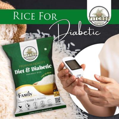 FITCROP Low GI Rice | Diabetic Friendly White Rice | US FDA Registered | Clinically Certified Low GI | Patented Technology | Natural & Pesticide Free | Dietician Recommended 4.5Kg (PACK OF 4) | Certified Organic & Naturally Gluten-Free