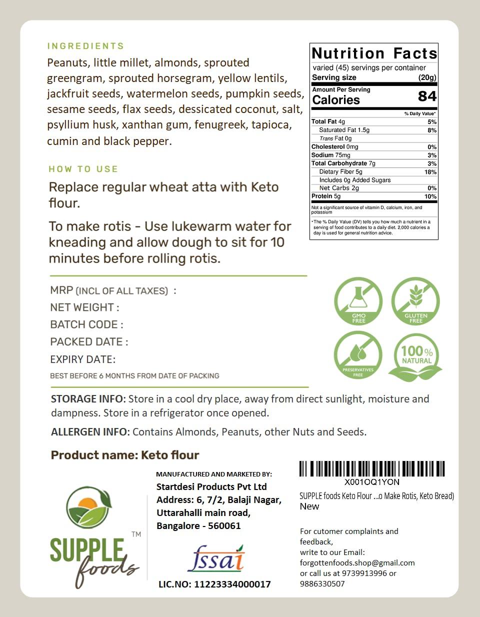 SUPPLE foods SUPPLE foods Keto Flour - Healthy Low Carb Flour, Low Gi, High Protein, Gluten Free / Wheat Free Keto Atta - 900g (Use Keto Aata To Make Rotis, Keto Bread)