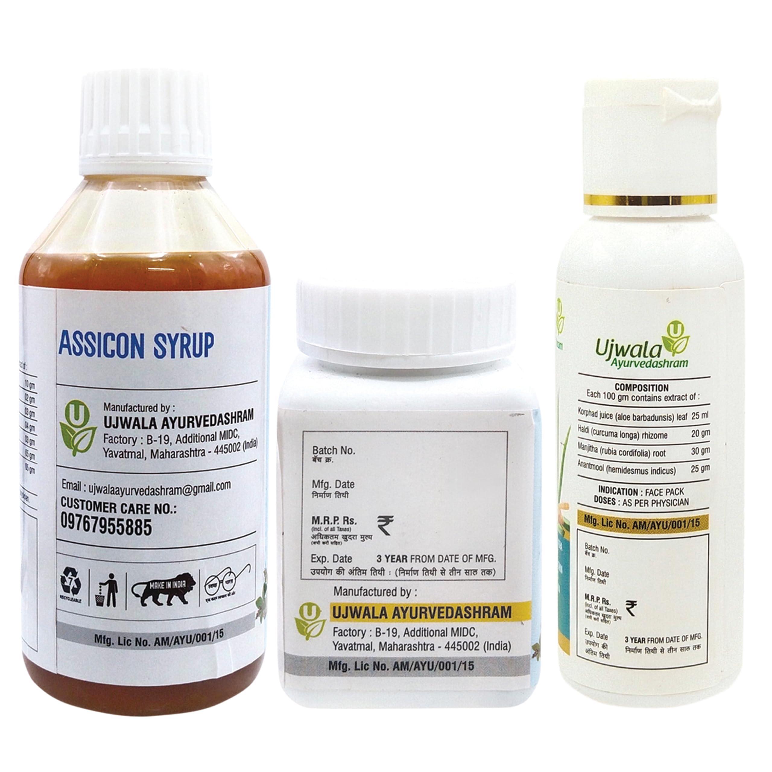 Ujwala Ayurvedashram Livcon Capsule, Assicon Syrup and Pimpocon Lep Combi Kit for Urticaria I Itchy Rashes I Hives and Liver Related Allergies (3 Item in the set)