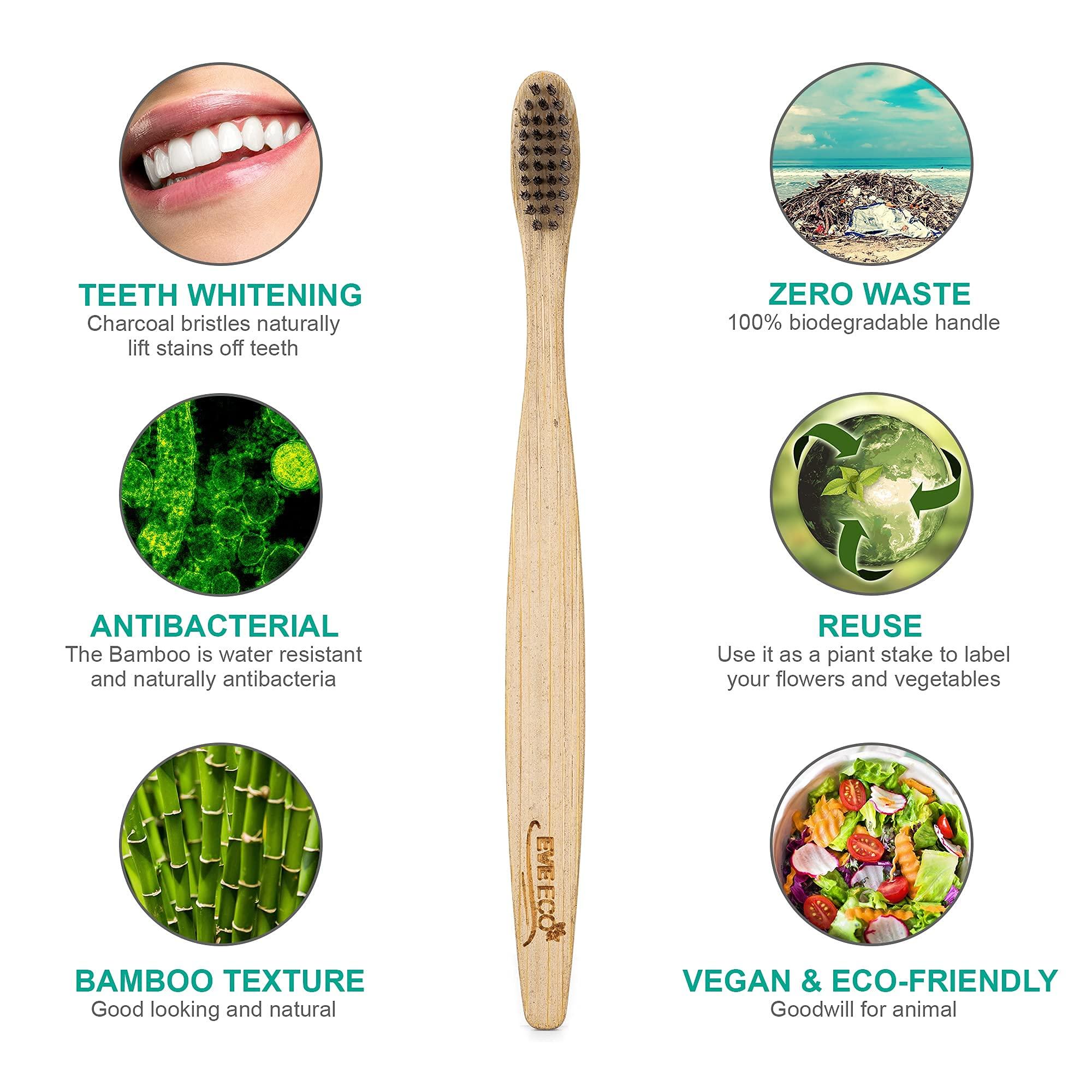 EveEco 12 Pack I Bamboo Toothbrush I Soft Bristles Best For Sensitive Gums I Charcoal I Vegan I Natural Wood I BPA Fee I Recyclable I Compostable I Biodegradable | Environmentally Friendly | By EveEco