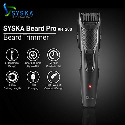 SYSKA Syska HT200 PRO Beard Trimmer for Men, Cordless, USB Rechargeable Trimmer with Washable Head, 20 Length Settings, 45 min Run Time (Black) 2 year warranty