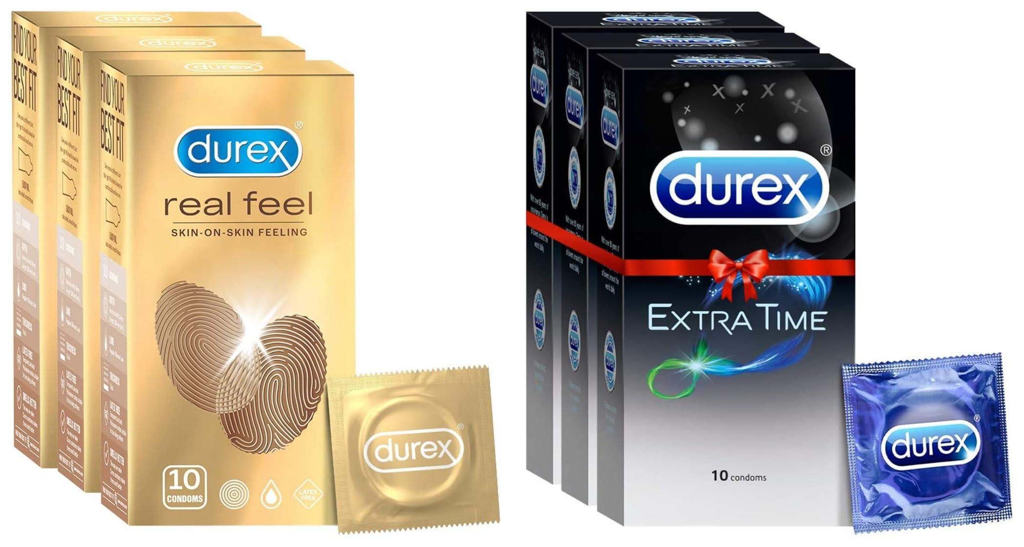 Durex Durex Real Feel Condoms for Men - 10 Count (Pack of 3)| Latex Free & Durex Extra Time Condoms for Men - 10 Count (Pack of 3)