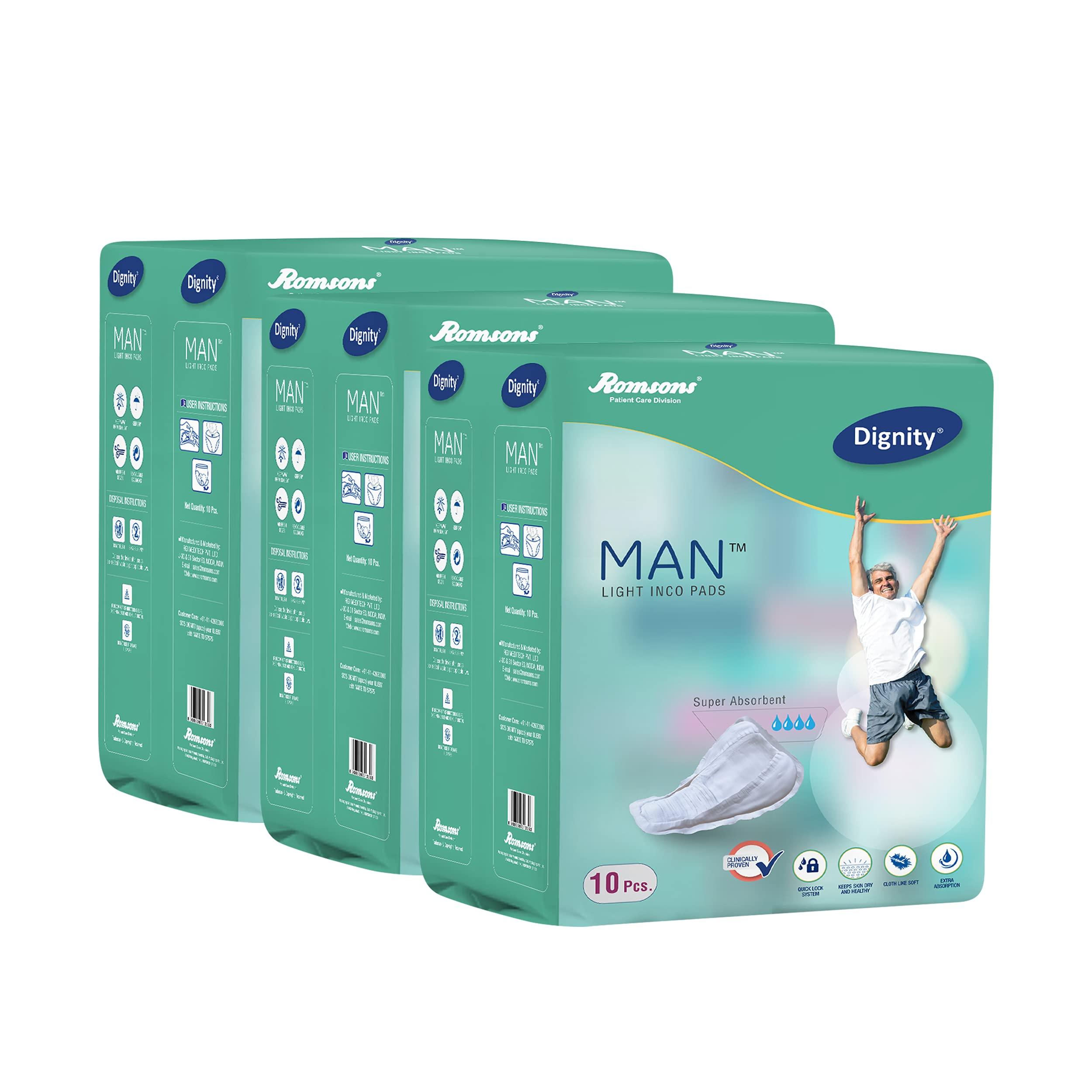 DIGNITY DIGNITY Men Man Light Incontinence Pads For Leakage Protection, Light Absorption Male Incontinence Pads, 10 Pads/Pack (Pack Of 3) 30 Pads