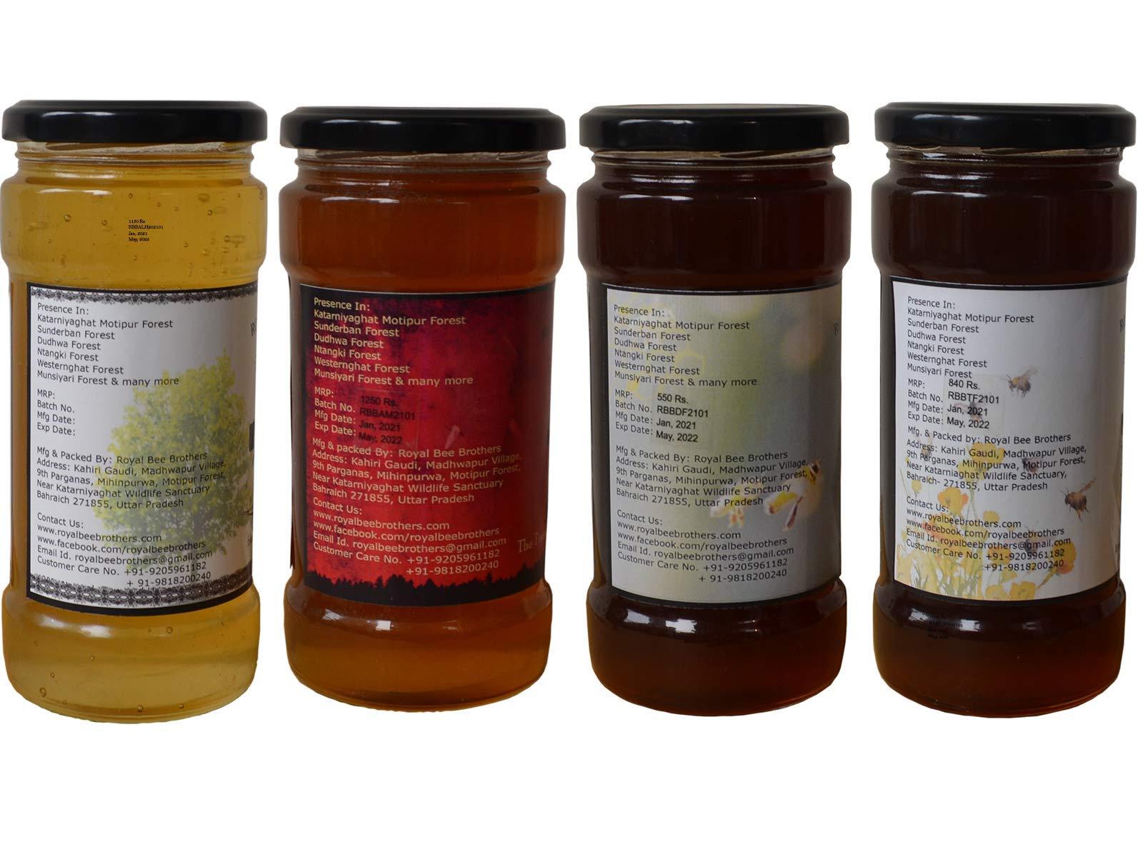 Royal Bee Brothers Royal Bee Brothers | Four Type of 100% Natural Wild Forest Honey | Produce of Wild Honey Bee | Raw & Unprocessed| 500 gm * 4 bottle