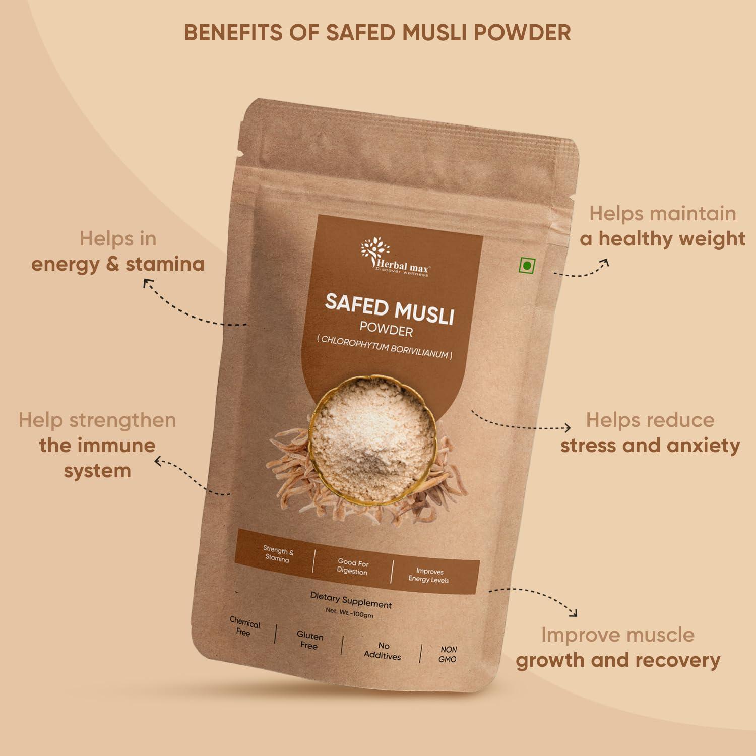 Herbal max Herbal max Organic Safed Musli Root Powder - 100 gm | Ayurvedic Support for Vitality & Performance | Herbal Supplement | Strength & Stamina