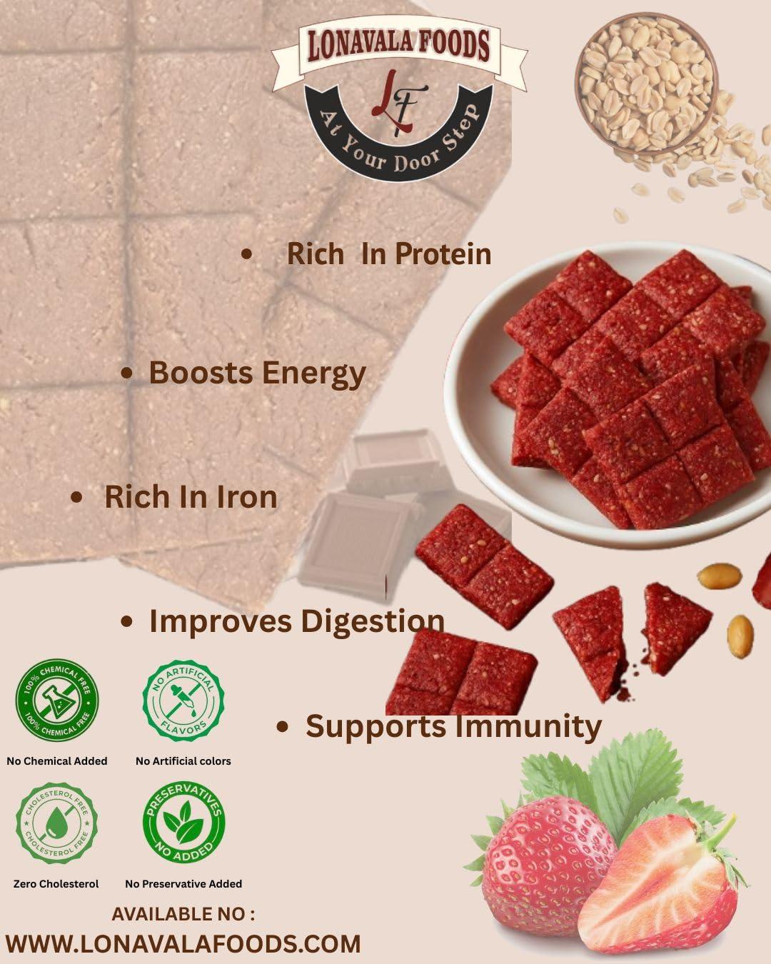 LONAVALA FOODS Lonavala Strawberry Groundnut Crushed Chikki,| No Added Preservatives and Colours | Lonavala Foods at your doorstep (400 Grams)