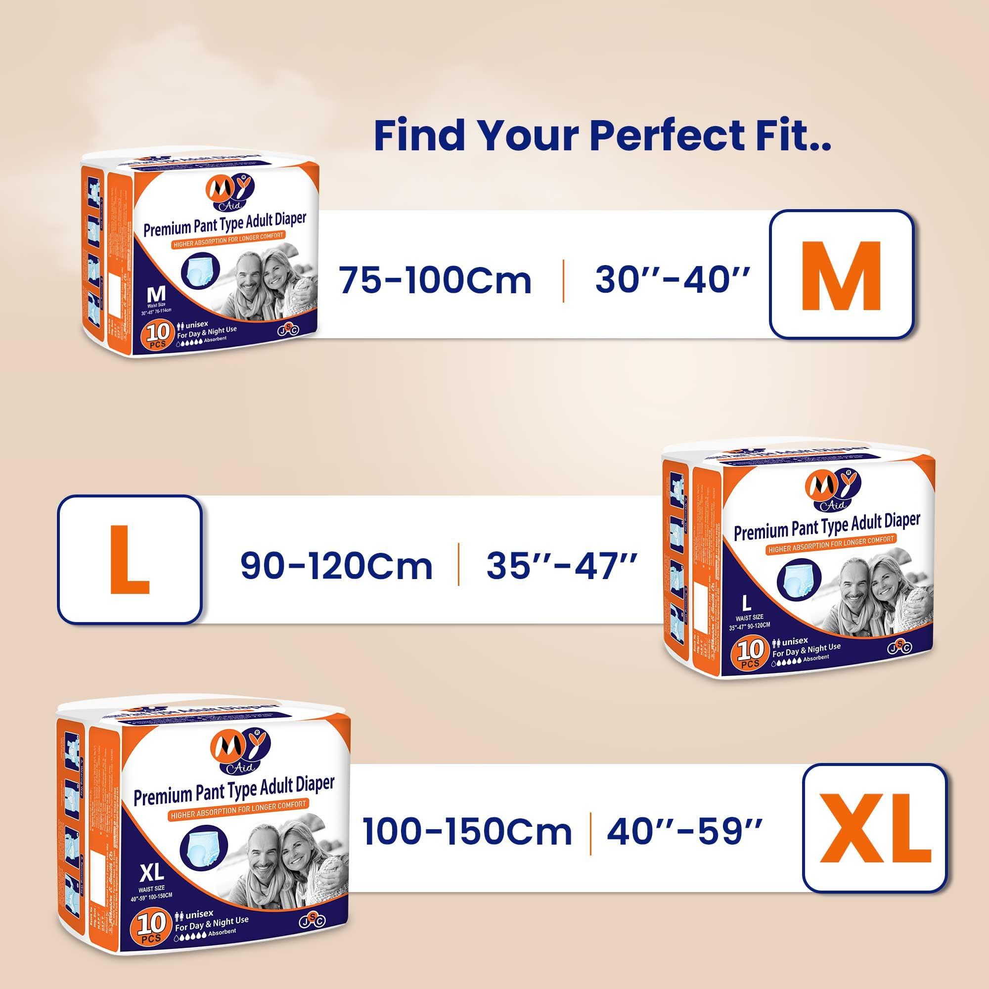 MYAID MYAID Unisex Premium Adult Diaper X-Large Size. Pant Style. Higher Absorption & Longer Comfort - XL Size (10 Pc) Pack of 3