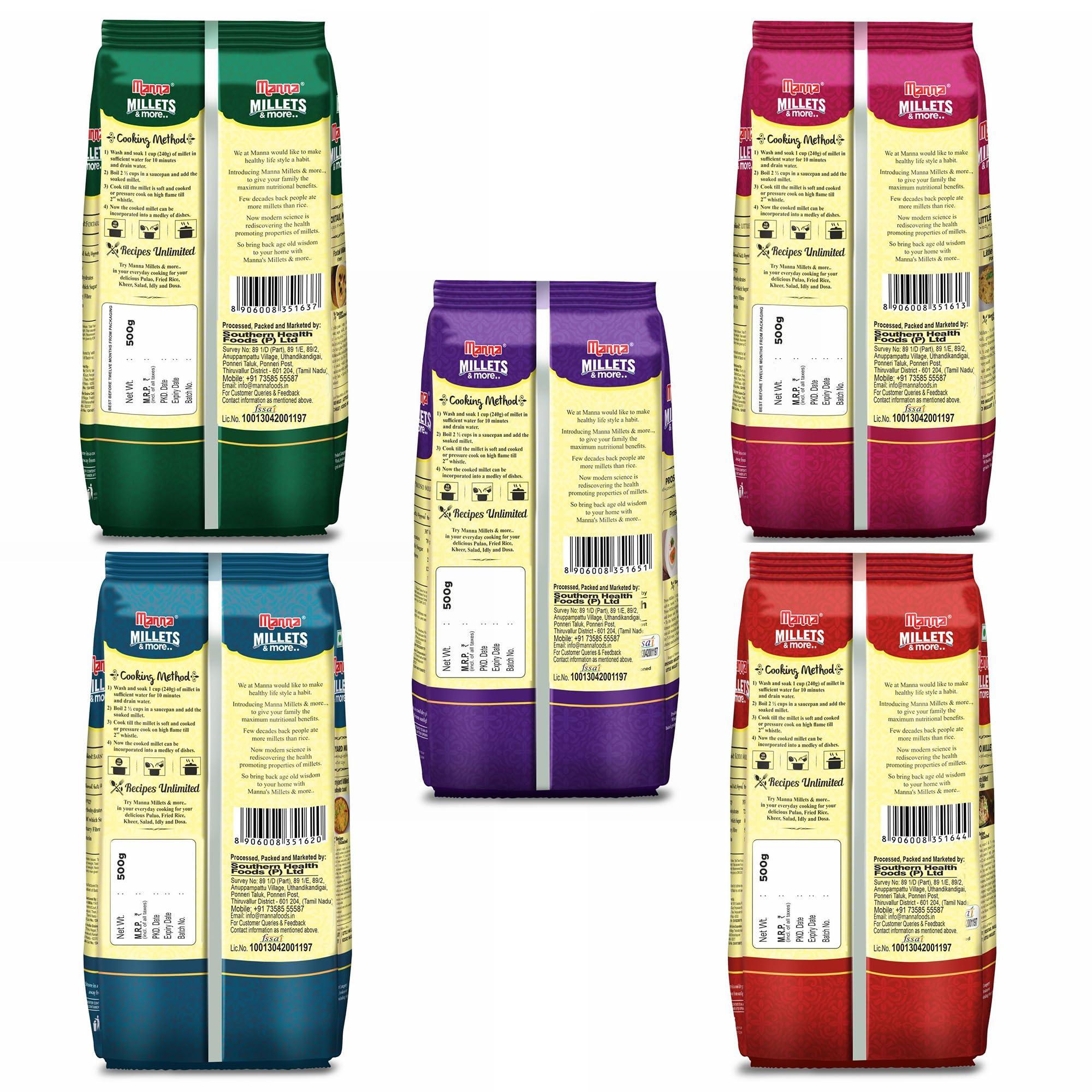 Manna Manna Millets 5Kg Combo Pack of 5, Unpolished Millets, Siridhanya,Certified Low GI, Little 1kg, Kodo 1kg, Foxtail 1kg, Proso 1kg, Barnyard 1kg. Natural Grains 500g(Pack of 10)