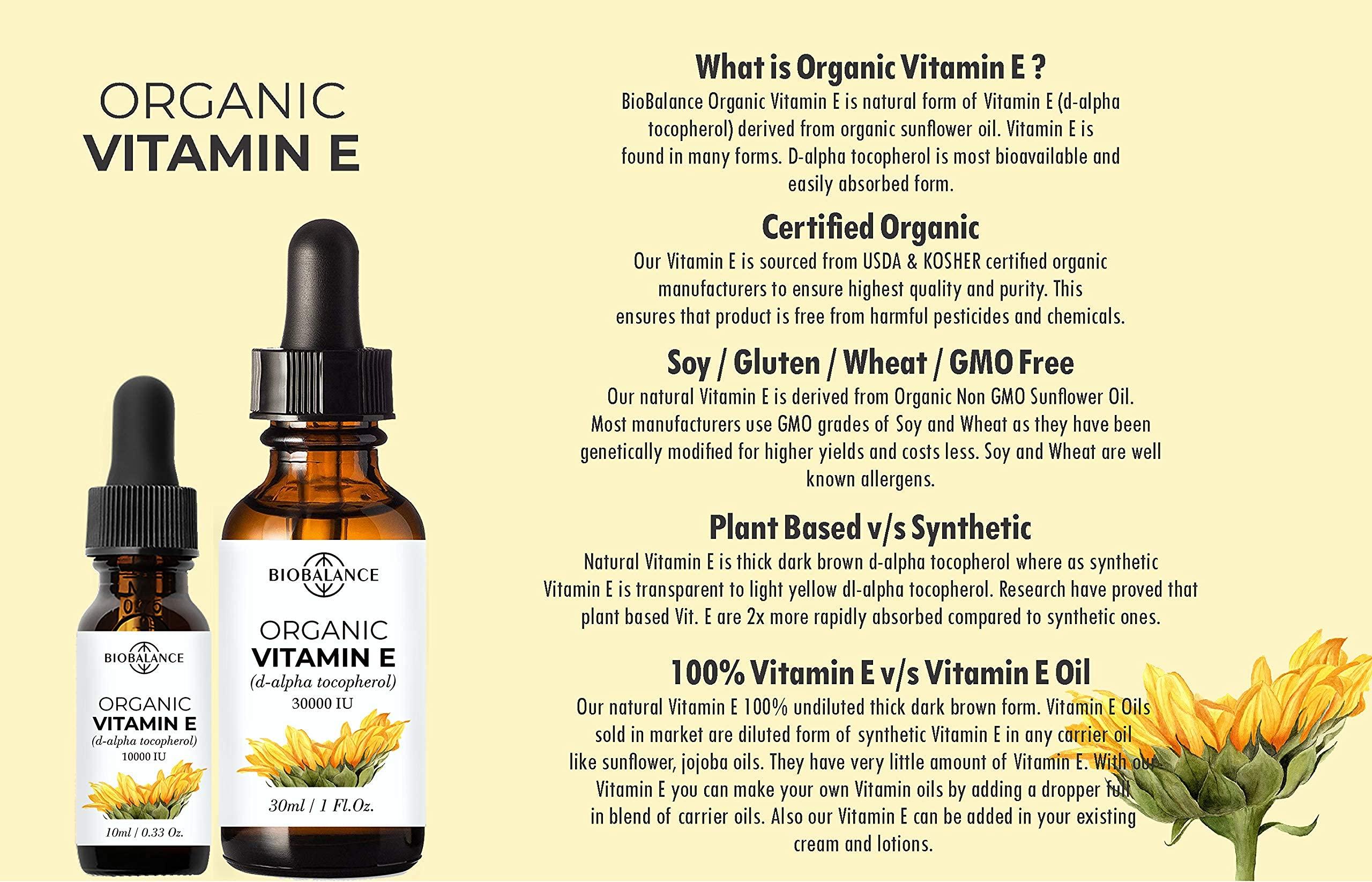 Bio Balance Bio Balance Organic Vitamin E, d-alpha tocopherol, 30,000 IU, Derived form Organic Sunflower Oil, 100% Pure & Undiluted, Soy/Gluten/GMO Free, Glass Bottle, 30ml