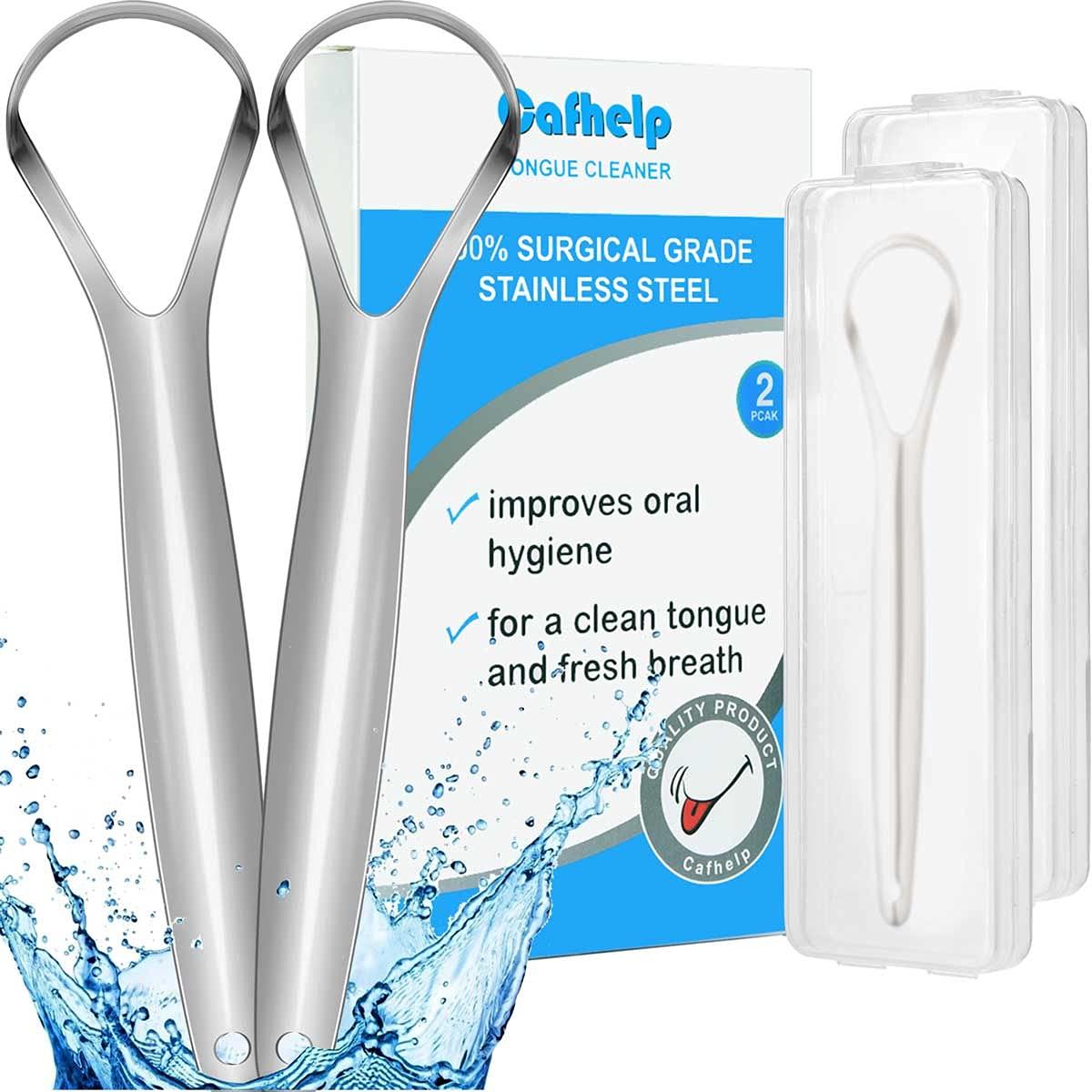 Cafhelp 2-Pack Tongue Scraper, 100% Useful Surgical Stainless Steel Tongue Cleaner for Both Adults and Kids, Professional Reduce Bad Breath Metal Tongue Scrapers, Help Your Oral Hygiene (with 2 travel cases)