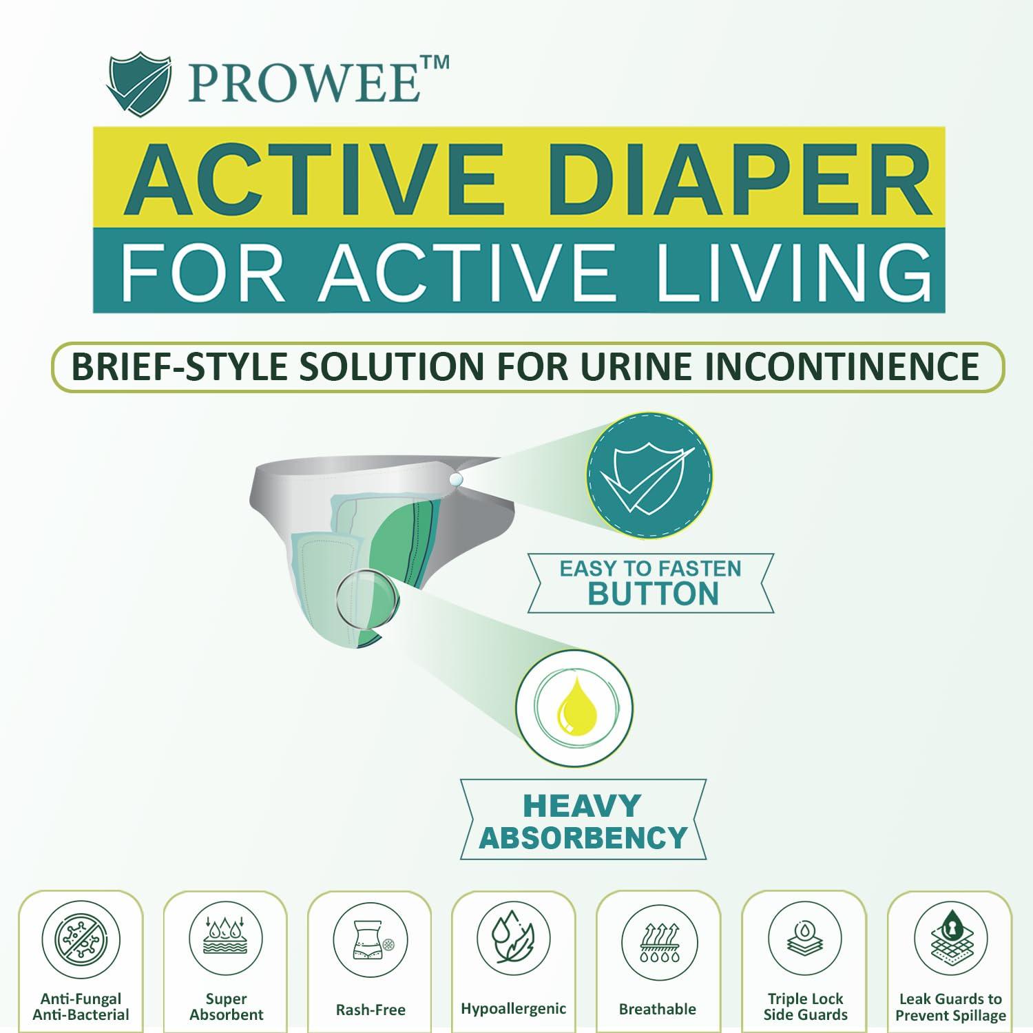 PROWEE Prowee Men Active Diaper For Urinary Incontinence | Brief-Style | Capacity Up To 450ml with Leak Guard (Pack of 5) (L)