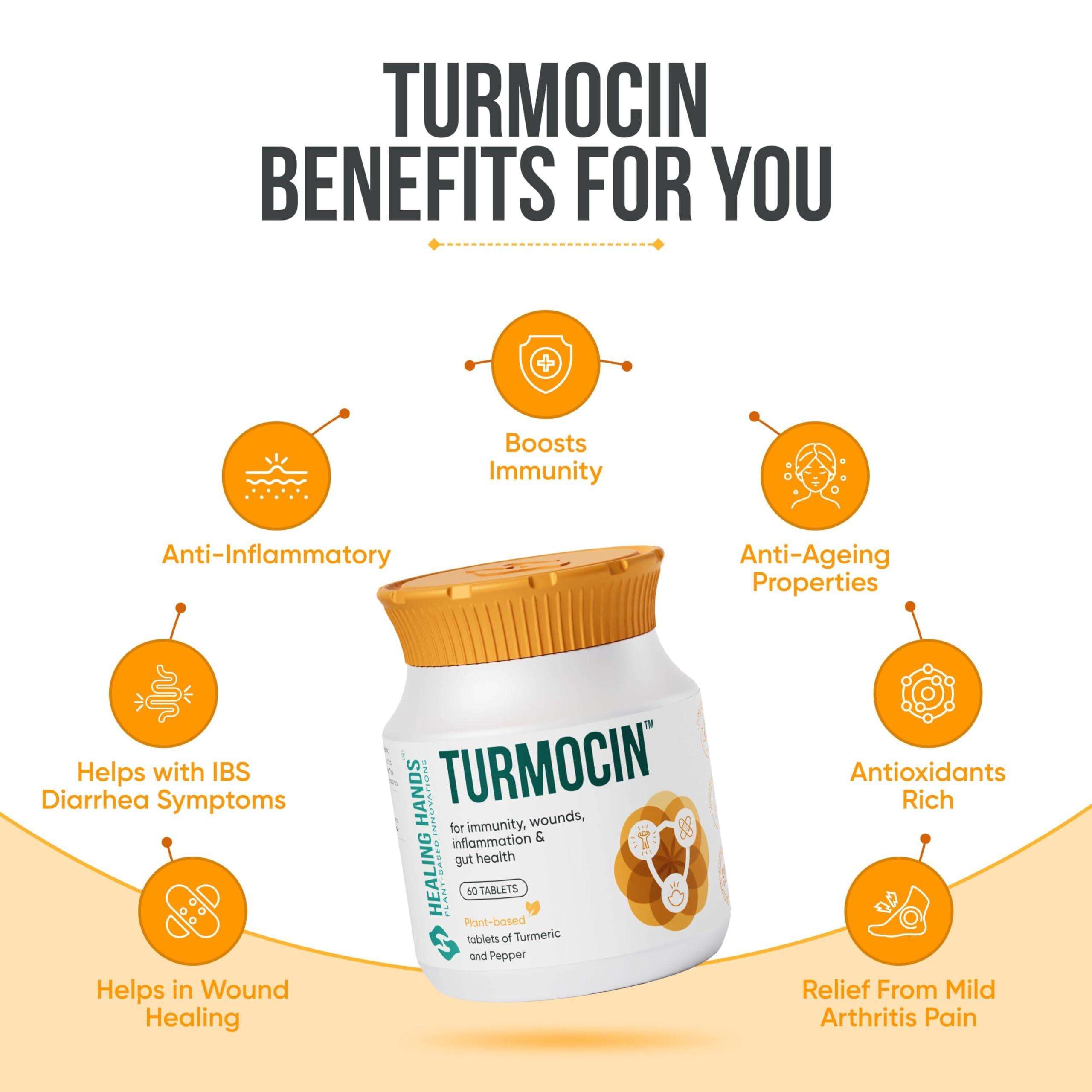 Healing Hands Healing Hands Turmocin Tablet for Effective Gut Health, Immunity, Wound Healing, Inflammation Relief with Goodness of Turmeric & Pepper, Clinically Proven, Herbal - 60 Tablets