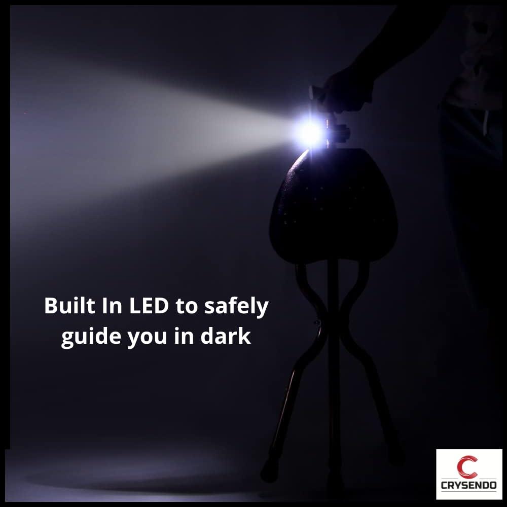 CRYSENDO Crysendo Walking Stick Cum Seat for Elders | Chair Folding Durable & Comfortable Cane Stool | Easy Carry Cane Chair Travel Hiking Hand Stick Cum Stool (LED Black)