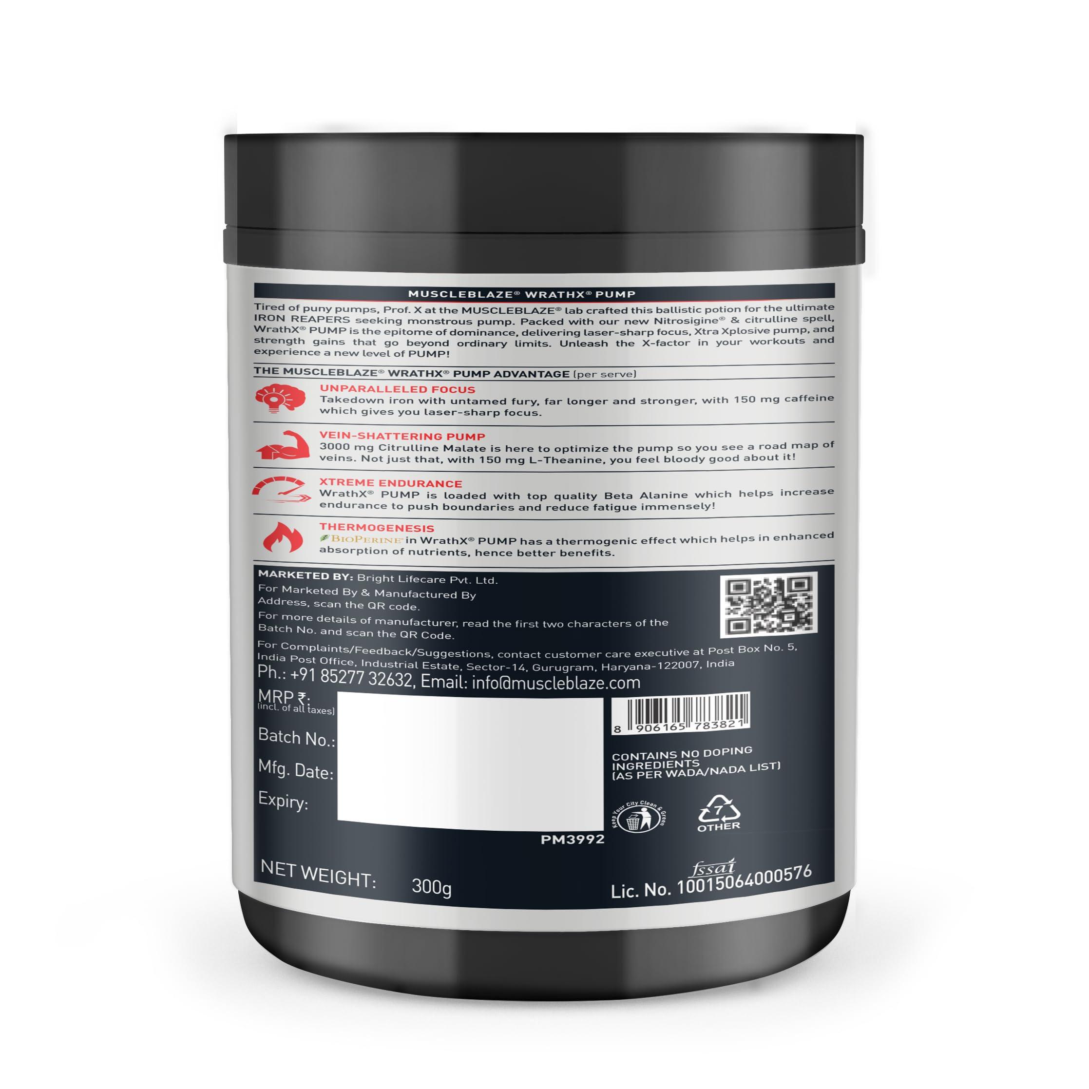 MuscleBlaze MuscleBlaze Pre Workout Wrathx Pump With Nitrosigine & L-Citrulline (Citrus Blast, 300G, Powder, 30 Servings)