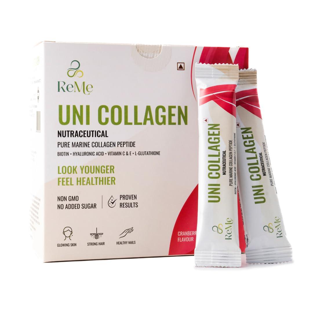 REME ReMe Uni Collagen - Pure Premium Marine Collagen Peptide With Antioxidants - Pack of 30 Stick Packs. Color:White.