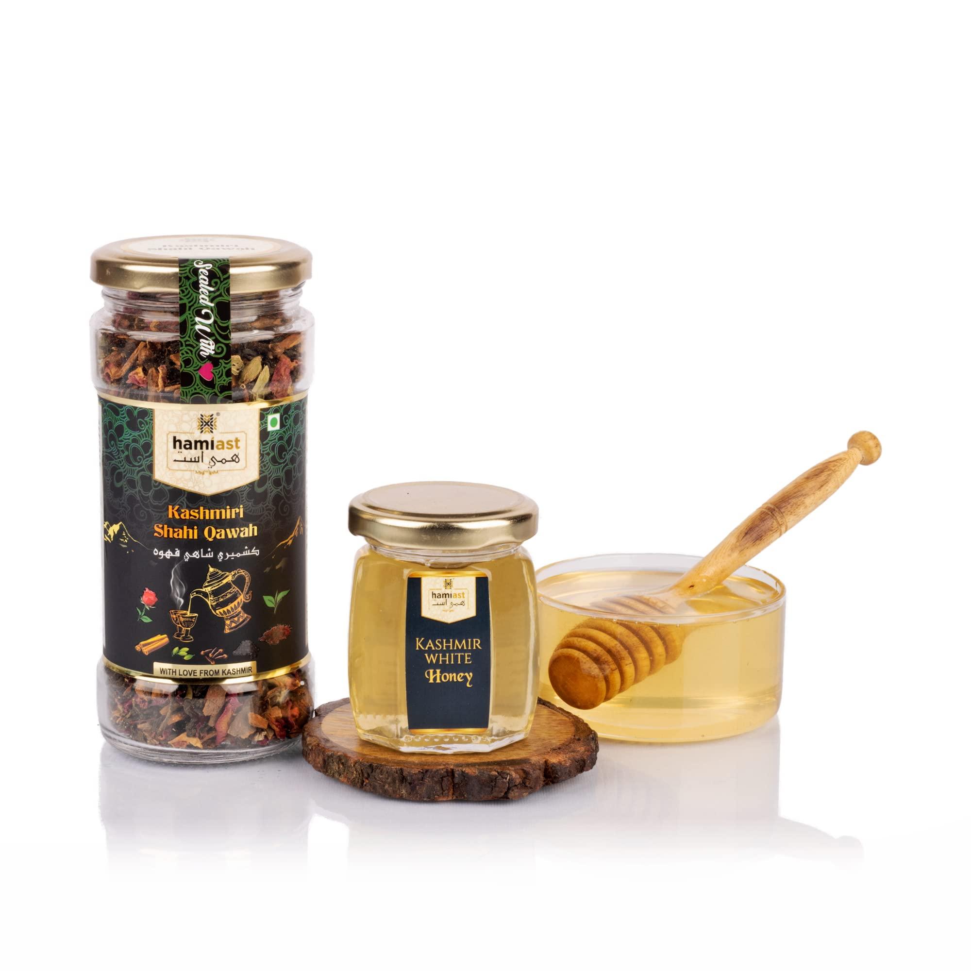 Hamiast Hamiast Kashmiri Shahi Qawah (Kahwa) Without Sugar 100g, Kashmir White Honey 125g Combo.