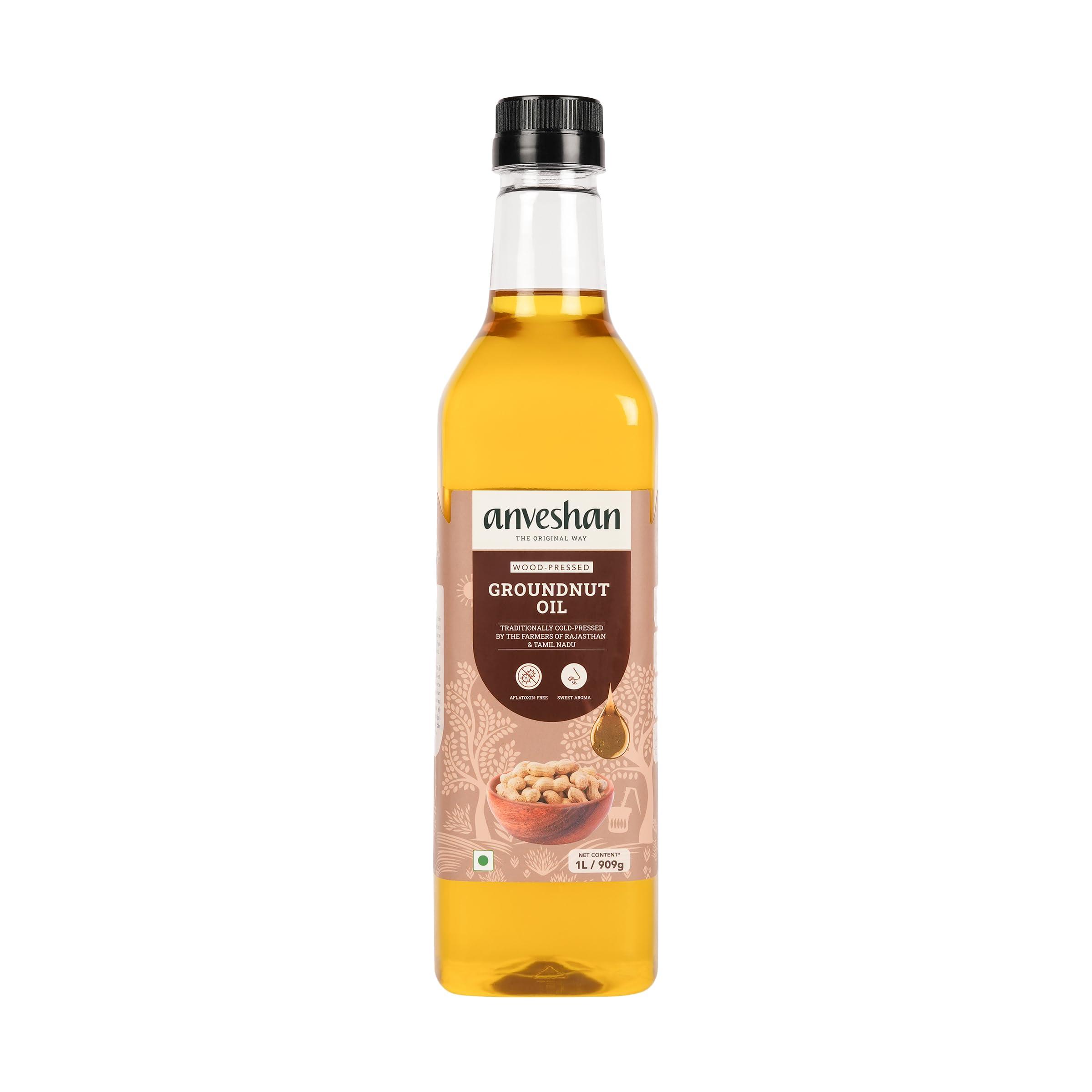 Anveshan Empowering farmers with technology Anveshan Wood Pressed Groundnut Peanuts Oil 1 Litre | Plastic Bottle | Kolhu/Kacchi Ghani/Chekku/Ganuga | Peanut Oil | Natural | Chemical-Free | Cold Pressed Groundnut Oil for Cooking