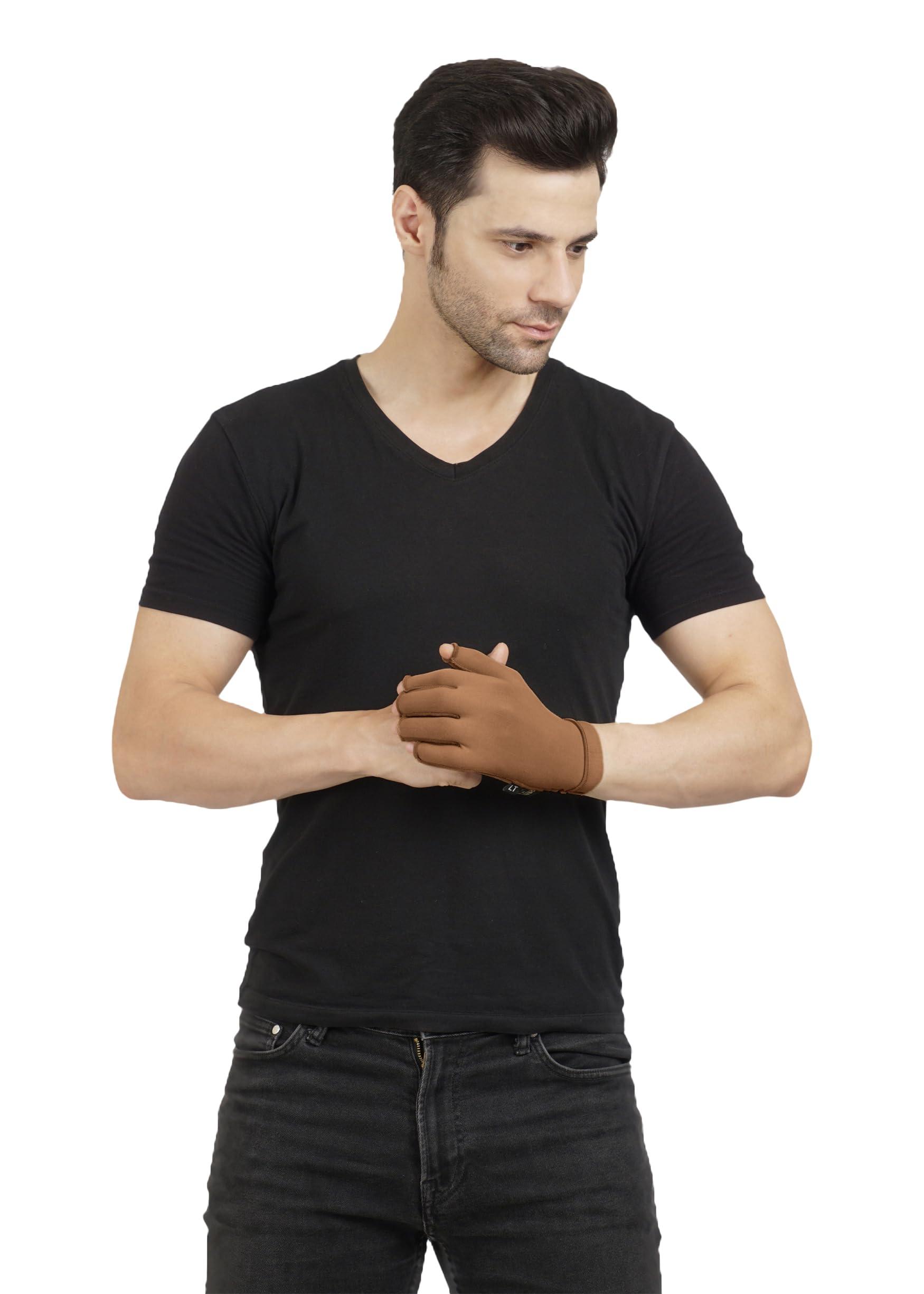 Dermapress Medical Compression Hand Glove upto WRIST with open Fingers | OUTSIDE ZIP| HIGH COMPRESSION | COTTON | UNISEX | BURN Recovery Support | (Brown, Right Hand- L)