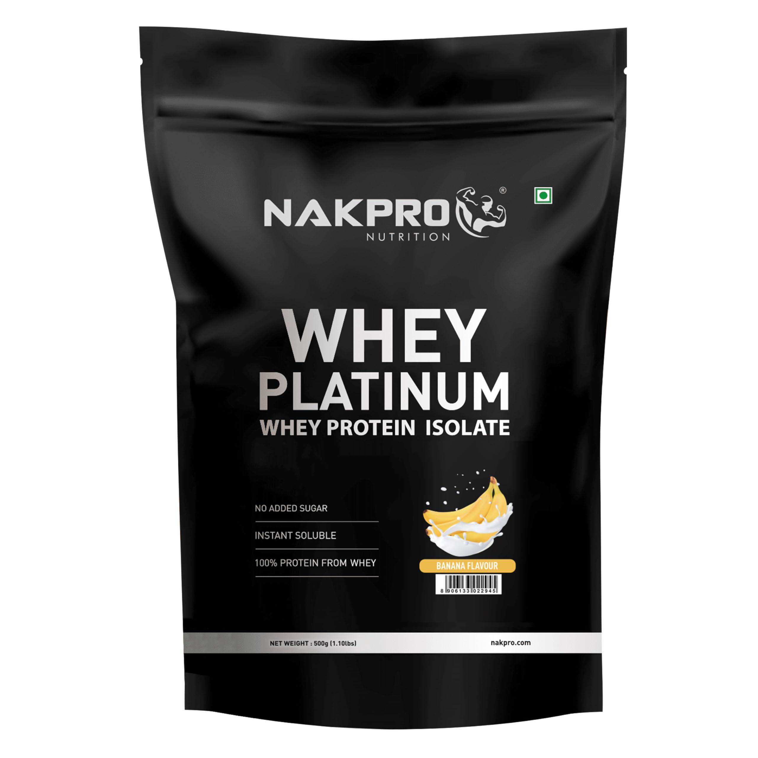 NAKPRO NAKPRO Platinum Whey Protein Isolate 500g Banana | 28g Protein, 6.4g BCAA | Trustified Certified 100% Authentic Supplement Powder & No Adulteration | Low Carbs, Fast Absorbing Whey Protein Powder