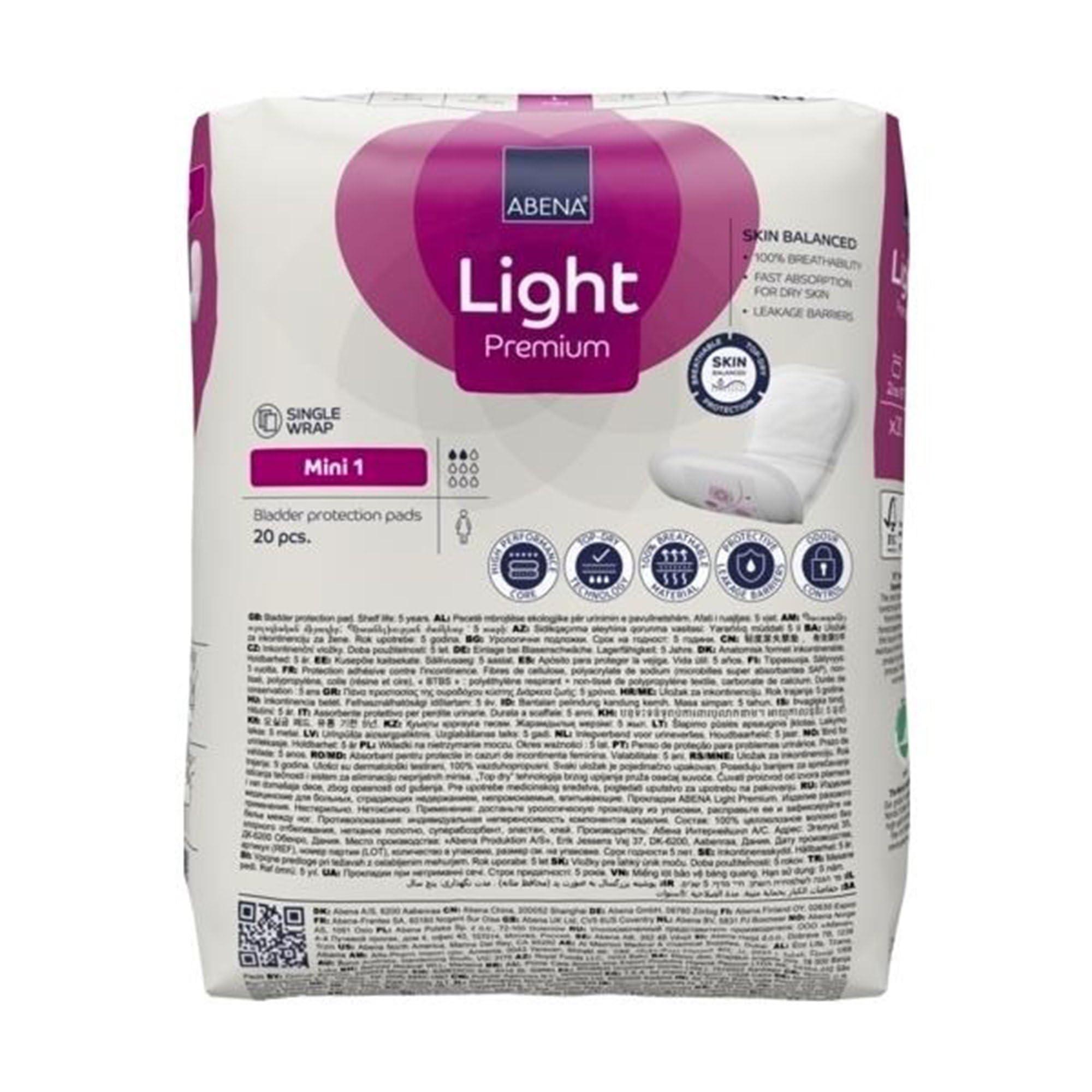 ABENA Abena Light Incontinence Pads For Women, Anatomically Designed Barriers For Urinary Leak Protection, Breathable, Comfortable with Fast Absorption, Self-adhesive Strips - Light Mini 1, 180ml, 20 Count