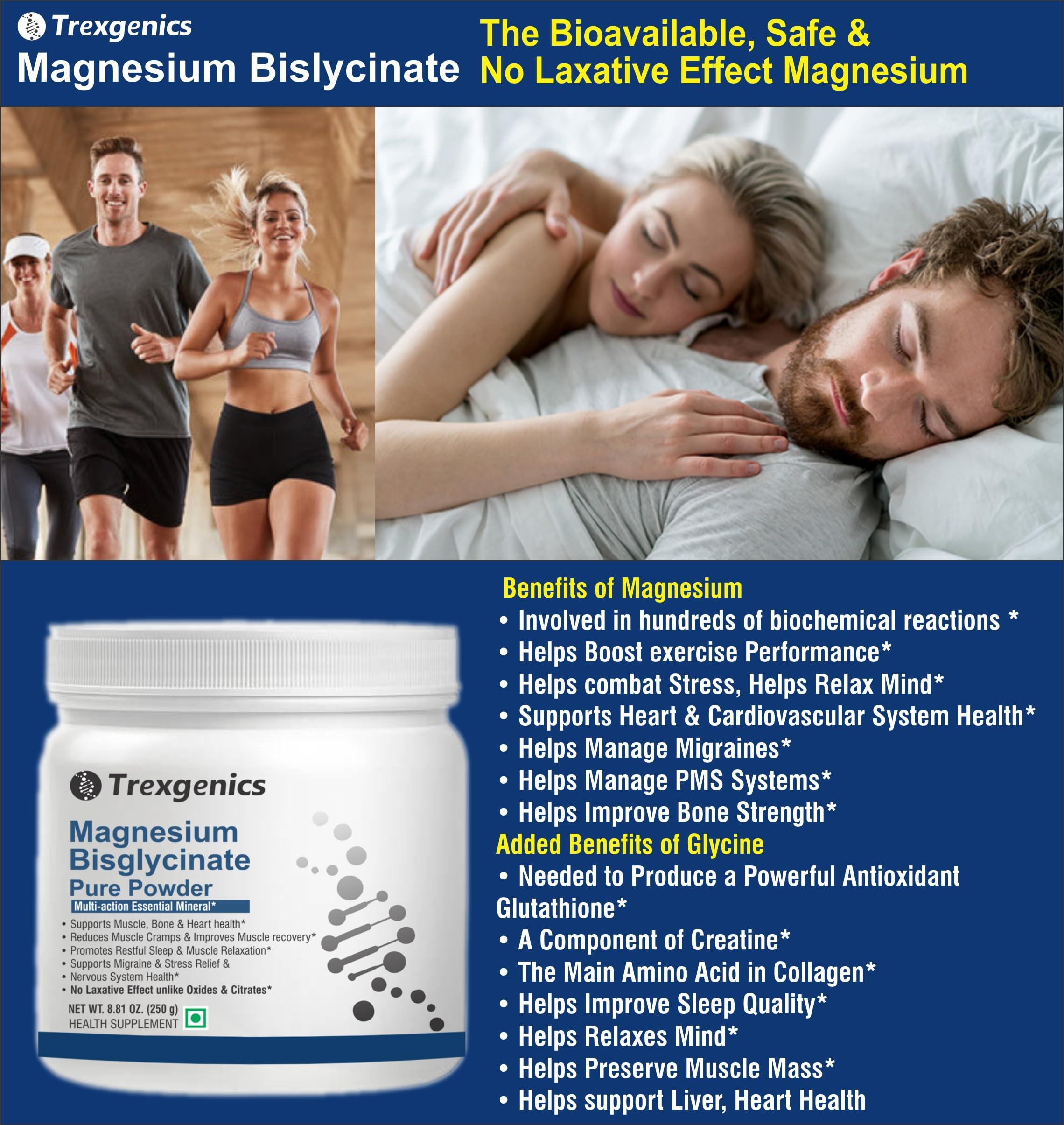 Trexgenics Trexgenics MAGNESIUM BISGLYCINATE PURE POWDER 250 GRAM UNFLAVOURED Heart, Sleep, Bone, Nervous System, Metabolism, Migraine, Relaxation, Stress Support VEGAN & NON GMO (250 gram) (Pack of 1)