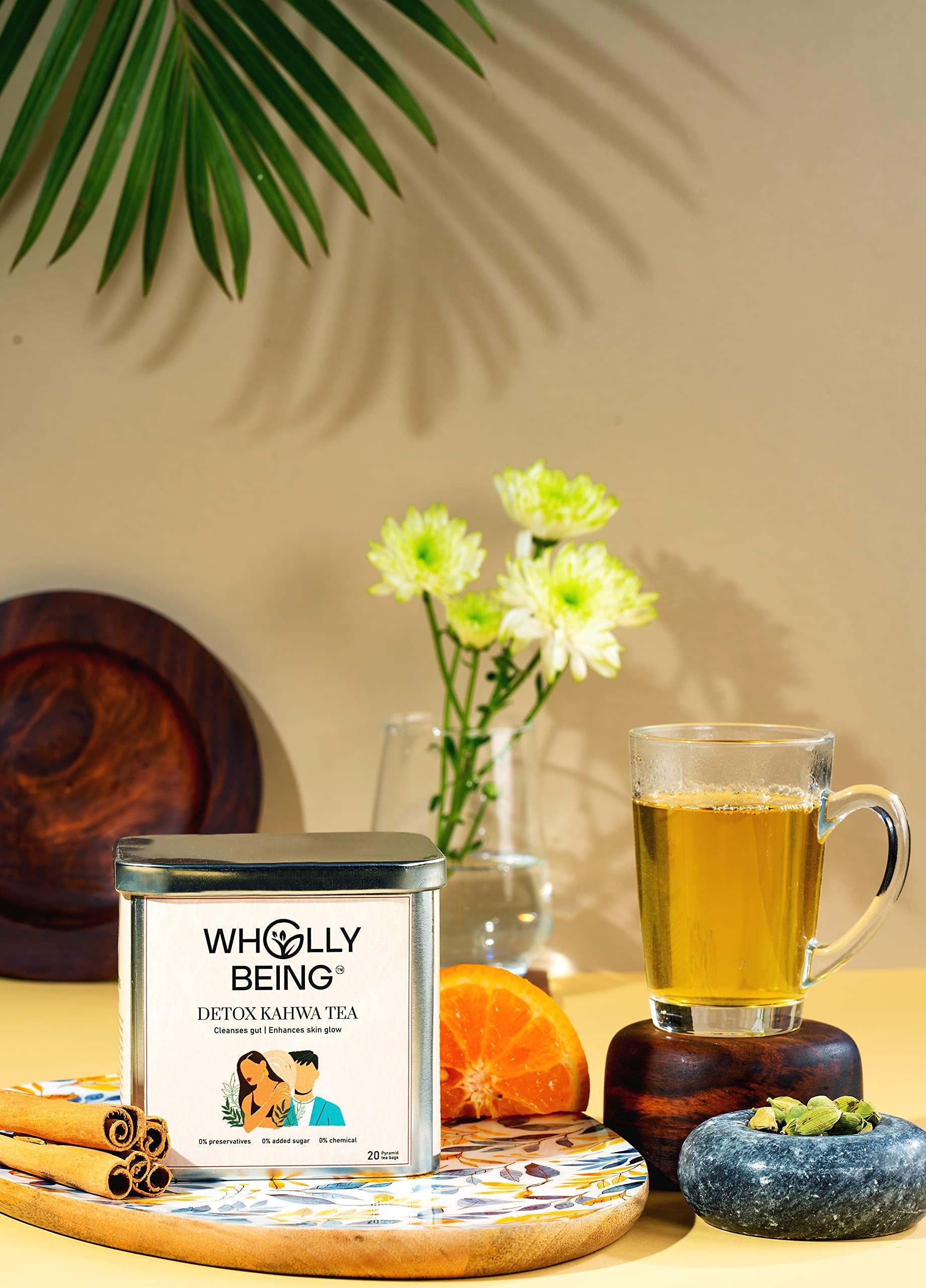 Wholly Being Wholly Being - Detox Kahwa Tea with for skin glow and gut detox with Nutmeg, Sea Buckthorn, Rose Petals, Orange Peels(20 tea bags)