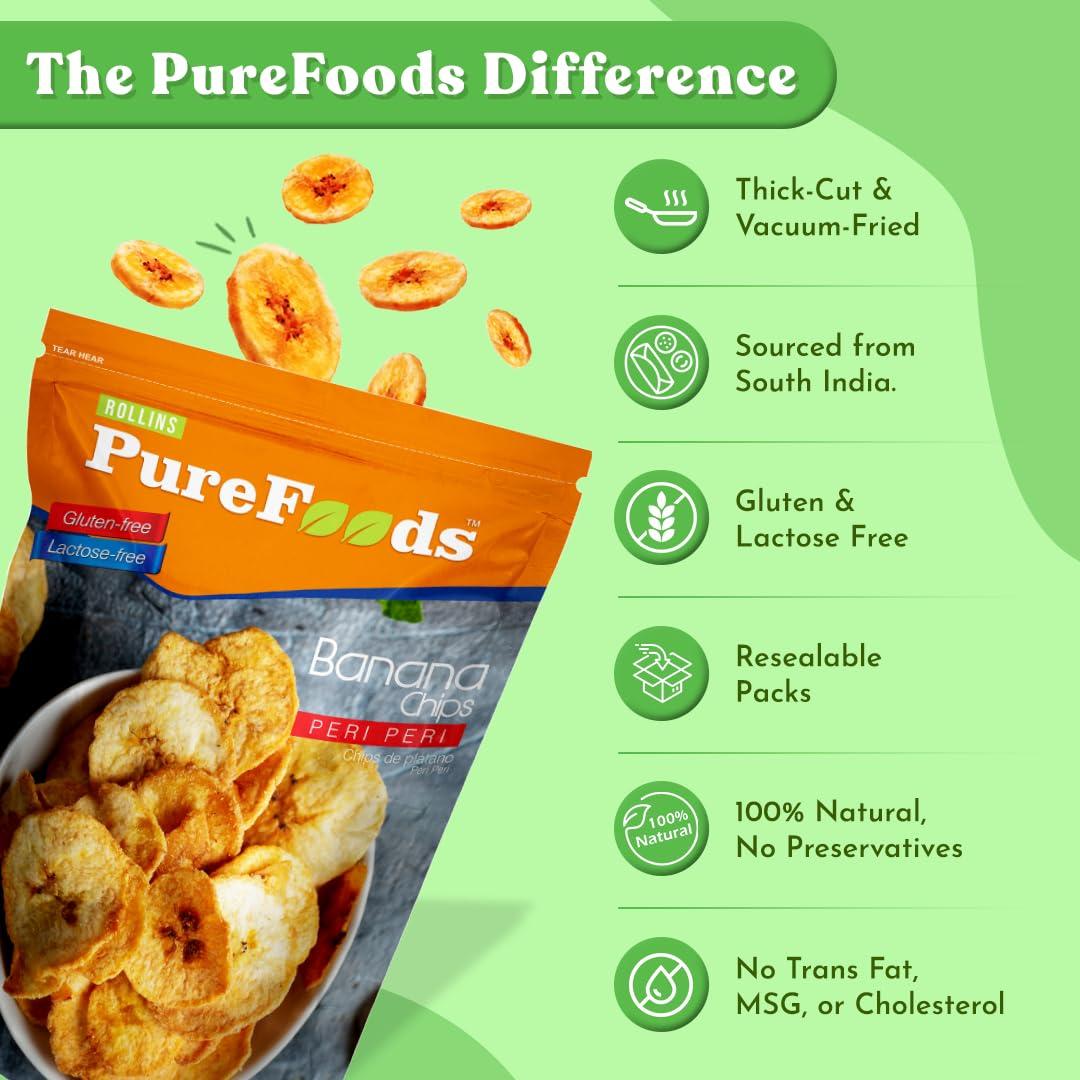 ROLLINS PureFoods PureFoods Premium Peri Peri Banana Chips | Real South Indian Bananas | Tasty & Healthy | Gluten-Free Snacks | 120g Each (Pack of 1)