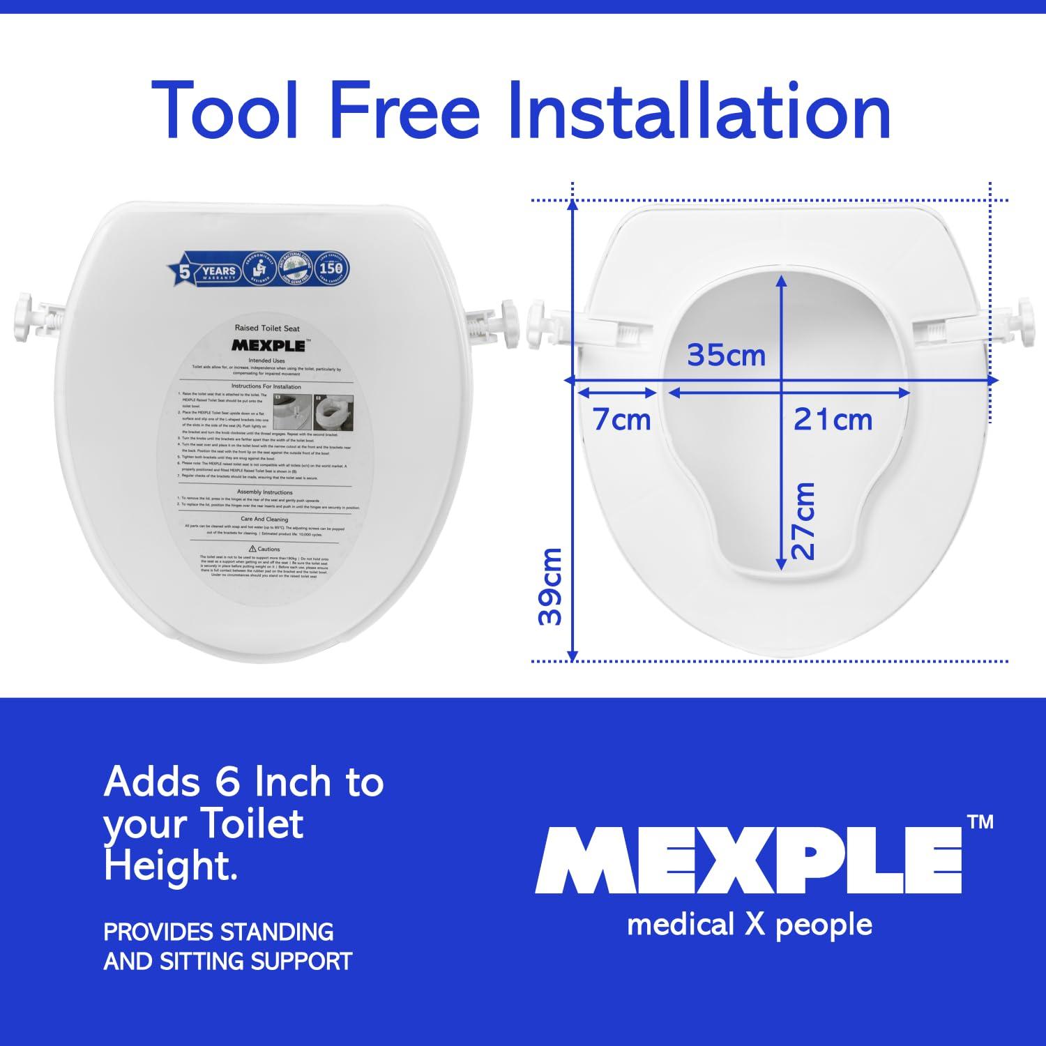 MEXPLE MEXPLE RaiXer6 Raised Toilet Seat 6 Inches | Plastic Commode Seat Raiser Elevator Extension | Tool Free Installation | For Handicap, Knee Patients, Old Senior Citizen