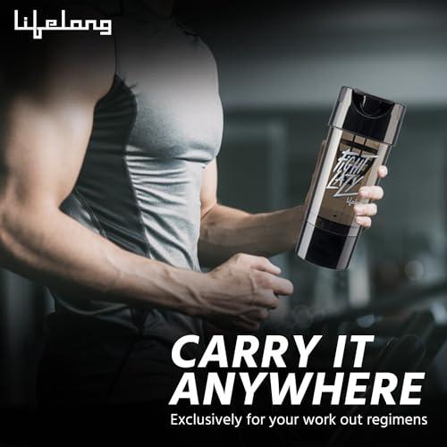 Lifelong Lifelong Protein Shaker|100% Leakproof Stylish Protein Shaker Bottle with Extra Compartment|BPA Free Sipper Bottle|Gym Bottle for Protein- 500ml (LLSHB02, Black),Plastic