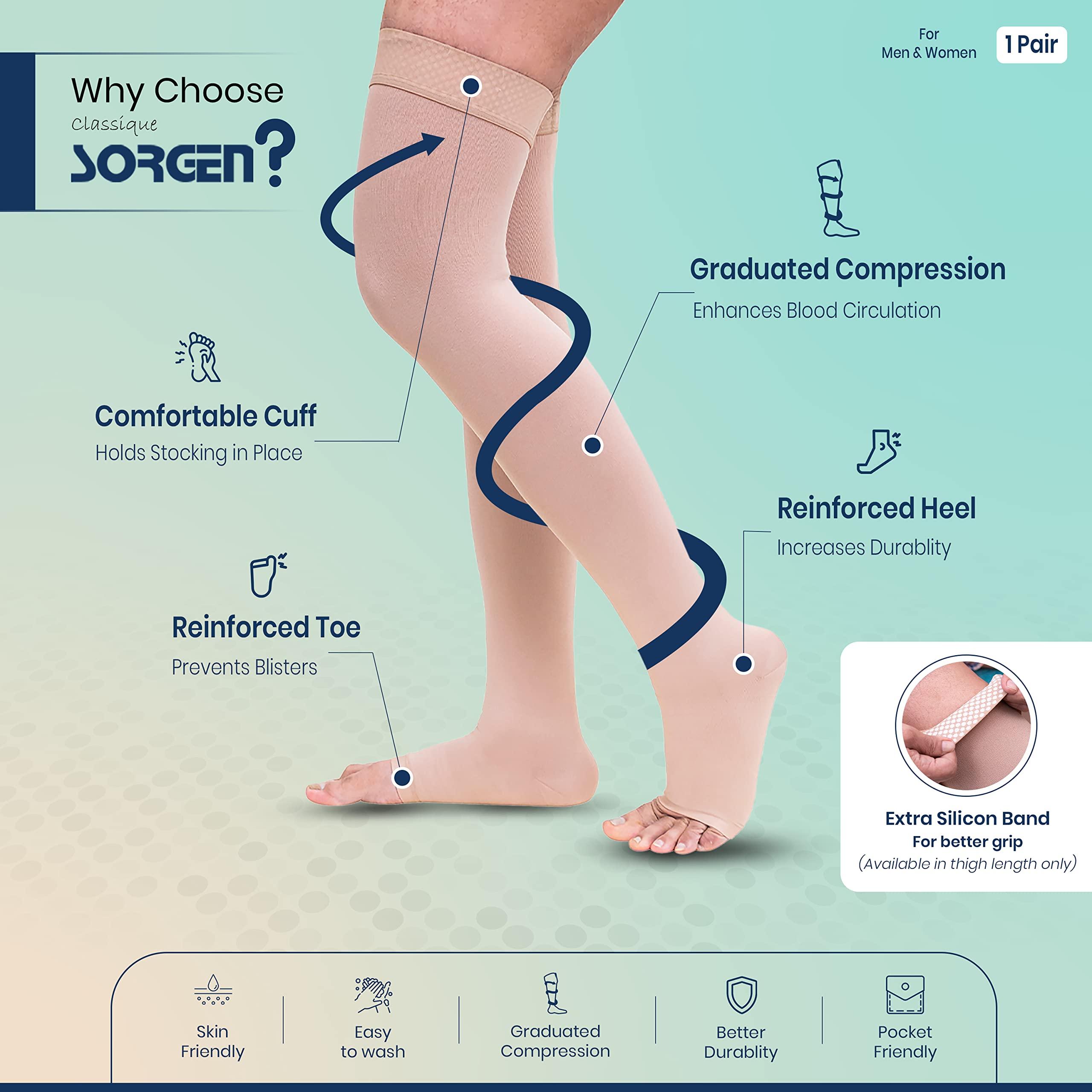 Sorgen Sorgen Class I Medical Compression Stockings for Varicose Veins | Class 1 Thigh Length stockings | Above Knee Class I Compression Socks | 18-21 mm Hg pressure stockings (Large)