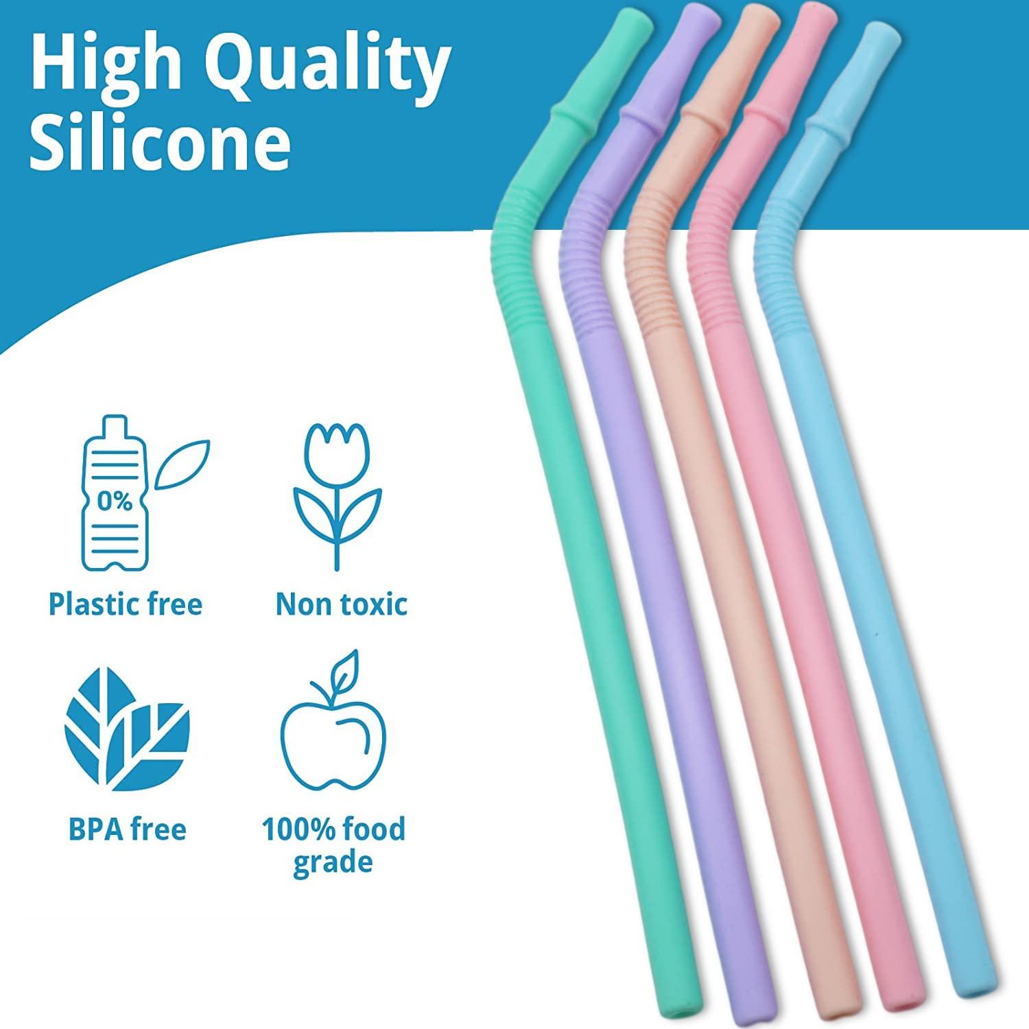 HASTHIP HASTHIP® 5Pcs Silicone Straws, Reusable Silicon Straws, Colorful Flexible BPA Free Foodgrade Silicon 8.4Inch Portable Straws for 20 oz 30 oz Water Glasses with Cloth Bag and Cleaning Brush