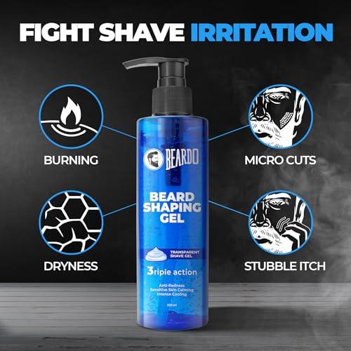BEARDO Beardo Beard Shaping Gel, 200ml | 3riple Action Transparent Shaving Gel for Men | Shaving gel with Anti-Redness, Calming, Intense Cooling | Suitable for Sensitive Skin