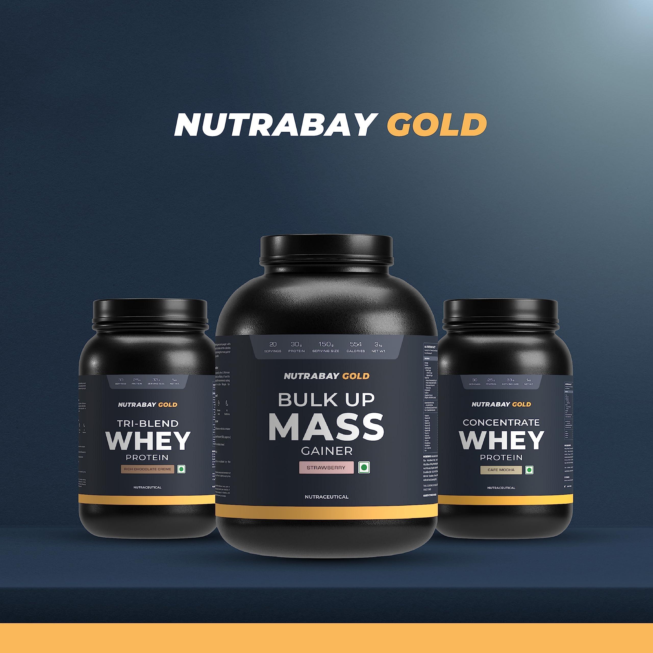 Nutrabay Nutrabay Gold Bulk Up Mass Gainer Powder - 3kg, Strawberry | 30g Protein, 104g Carbs, 554 Calories | Easy to Digest | 100% Veg Muscle Building & Weight Gainer Supplement for Men & Women