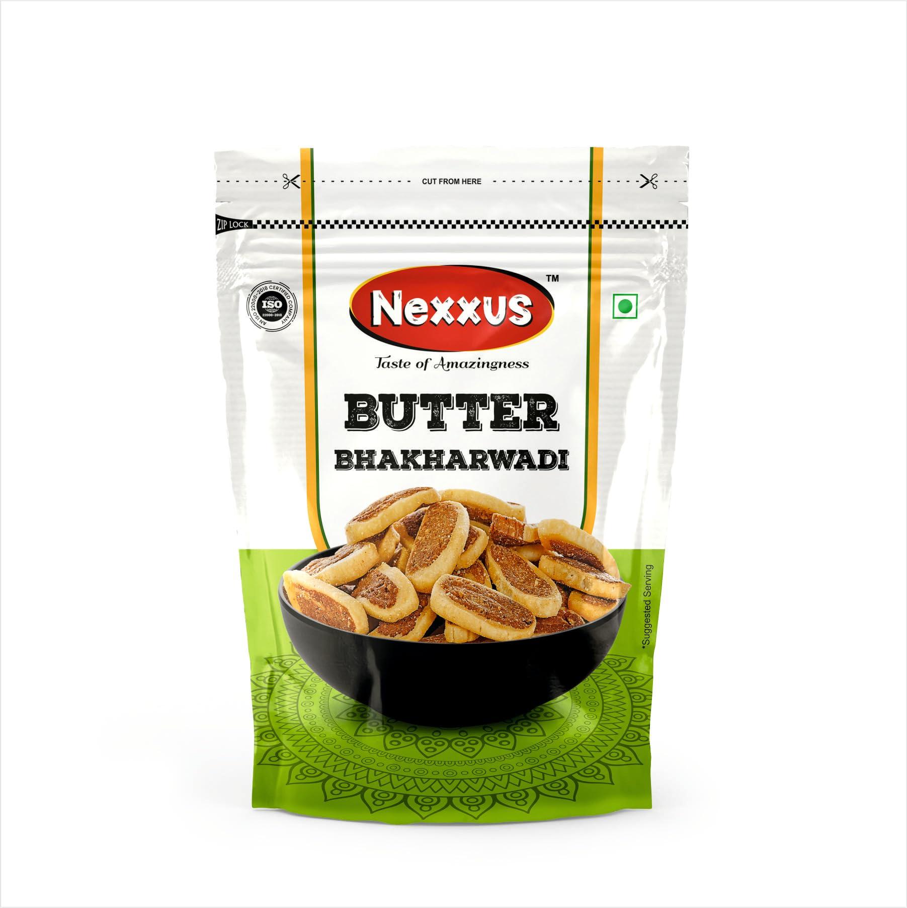 Nexxus Namkeen India Pvt Ltd - Ahmedabad Nexxus Namkeen [Combo of 2] Premium Roasted Bhakharwadi Sandwich X Butter | pack of 2 | 500 Gram per Combo | Bite-sized Delight for Snacking Bliss | Irresistibly Crunchy Snack