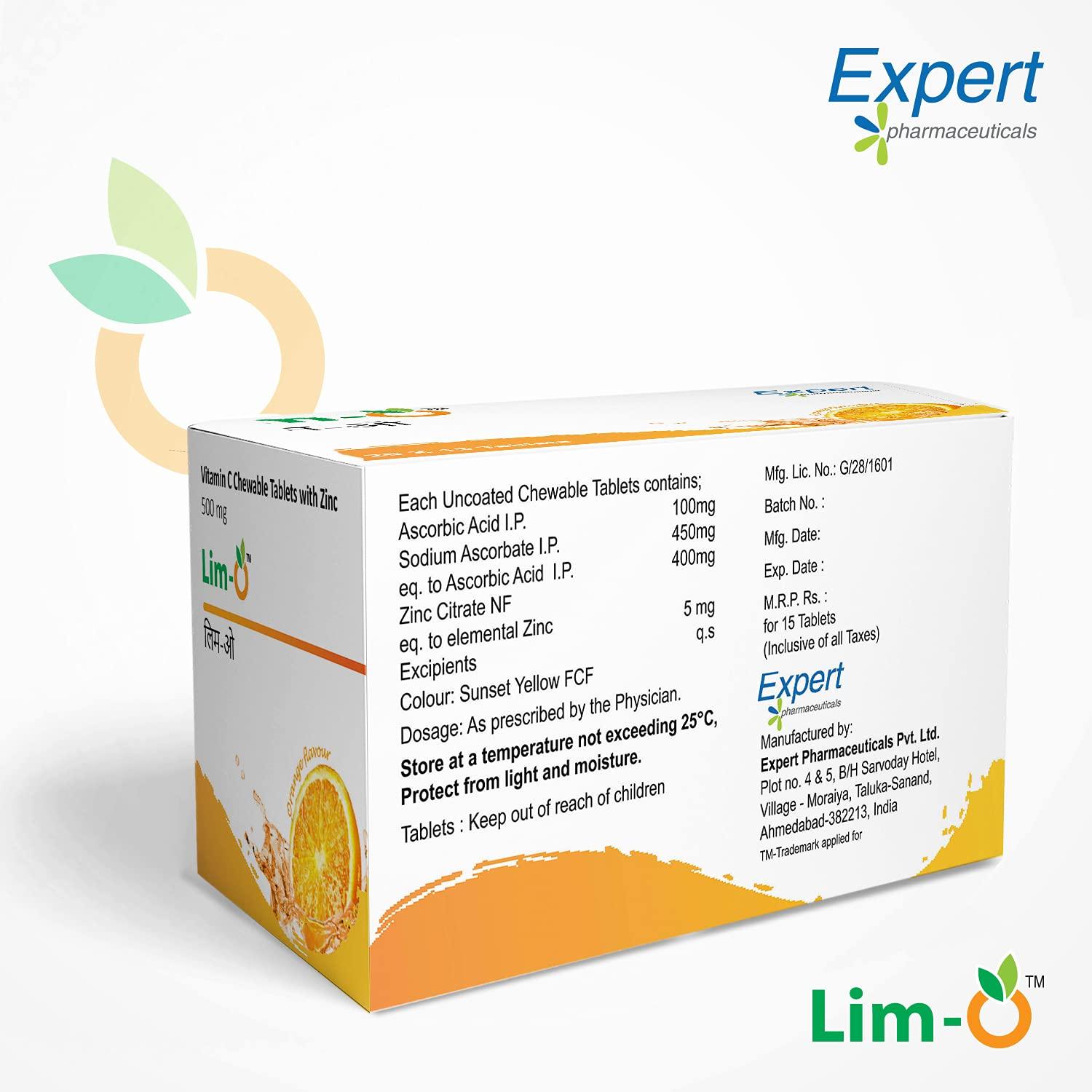 Lim-O Lim-O Vitamin C(500mg) & Zinc, Chewable Tablets for Immunity Skin Vegan Formula For Men Women, Orange Flavour (60 Tablets)