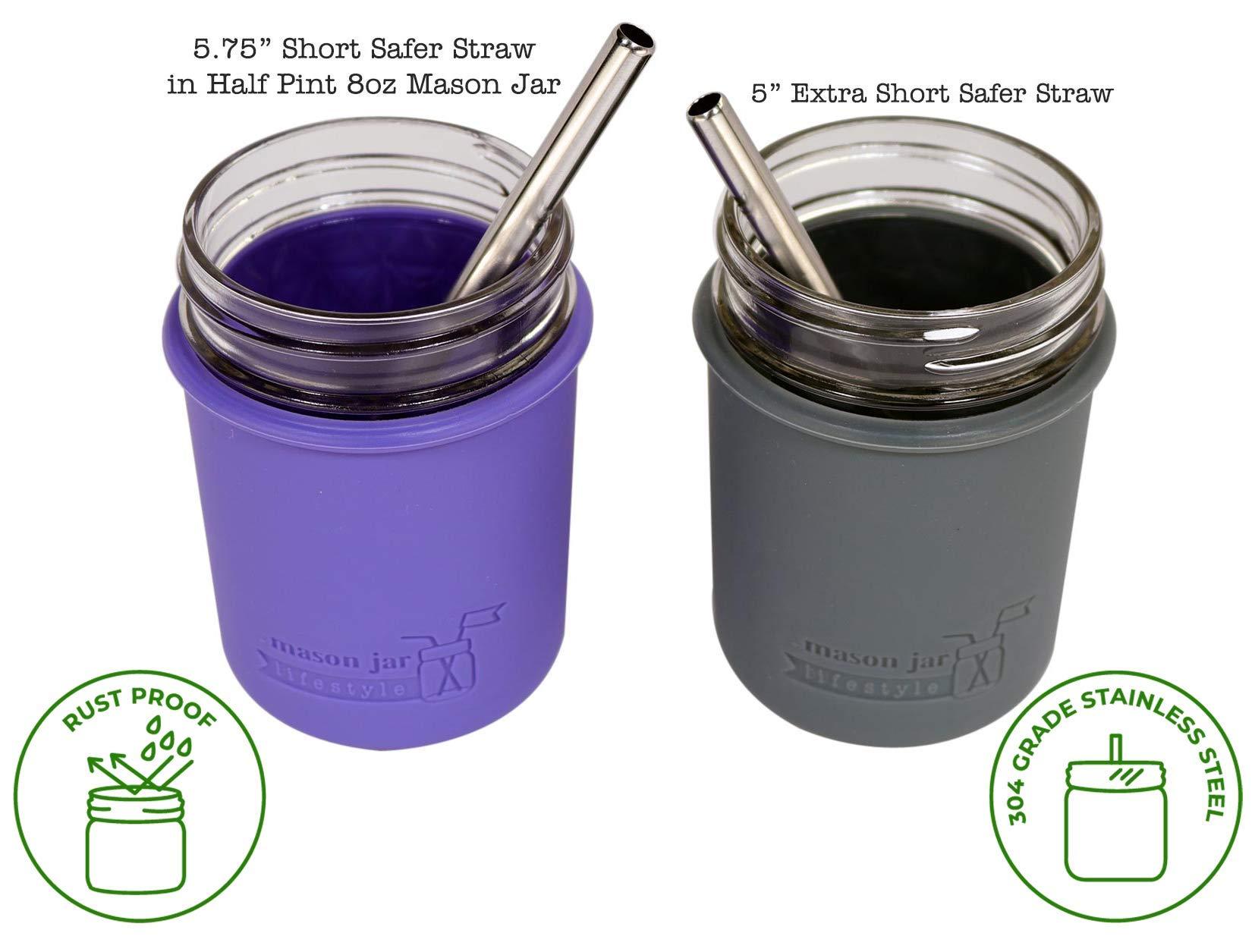 Mason Jar Lifestyle Extra Short 5\" Safer Stainless Steel Straws for 12oz Thermos Funtainer, Cocktails, Small Glasses or Cups (4 Pack + Cleaning Brush)