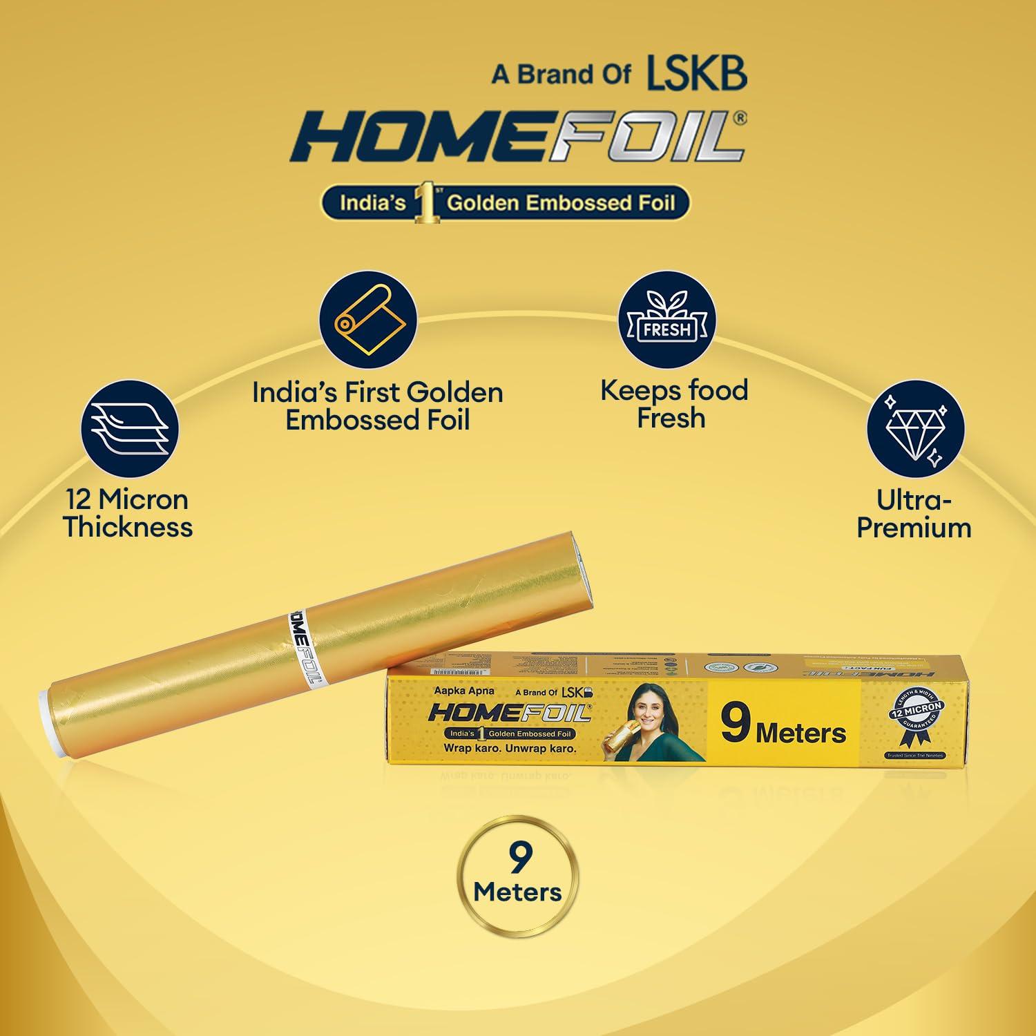 Homefoil HOMEFOIL 9 Meter Golden Embossed Aluminium Foil | 12 Micron Thickness | Premium Quality | Keeps Food Fresh Always | Perfect for Food Wrapping, Packing, Storing and Serving (Pack of 1)
