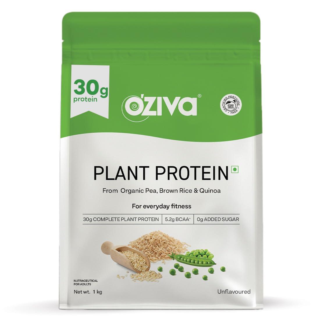 OZiva OZiva Organic Plant Protein for Everyday Fitness | 30g Protein - Pea Isolate | Complete Plant Protein Powder for Men & Women | No Added Sugar, Certified Clean & Vegan (Unflavoured, 1kg)