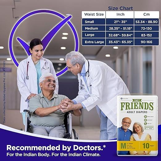 Generic Friends Easy Adult Diapers Tape Style - 10 Count/Pack with odour lock and Anti-Bacterial Absorbent Core- Waist Size 30-56 Inch ; 76-142cm (PACK- 4, MEDIUM 40 Count)