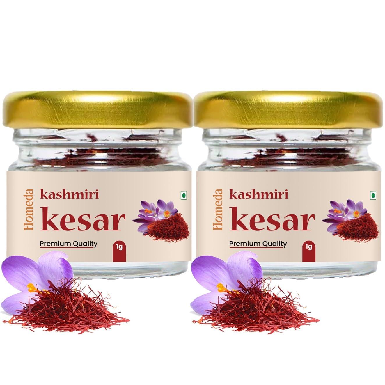 Homeda Homeda Kesar Saffron Original 2G / Pure Saffron Original Kashmiri|Kumkuma Puvvu, Keshar Safron, Kungumapoo For Pregnant Women, Kasar, Kumkumapoovu, Keser, Kaser, Kesor, Grade A (2 Packs Of 1Gm)