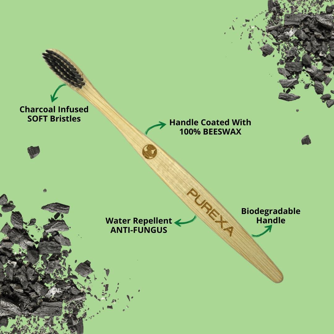 PUREXA PUREXA Bamboo Manual Toothbrush With Activated Charcoal Soft Bristles-Pack Of 2|Bpa Free, Biodegradable And Compostable Organic Bamboo Handle Tooth Brush|100% Natural Wooden Brush For Adults