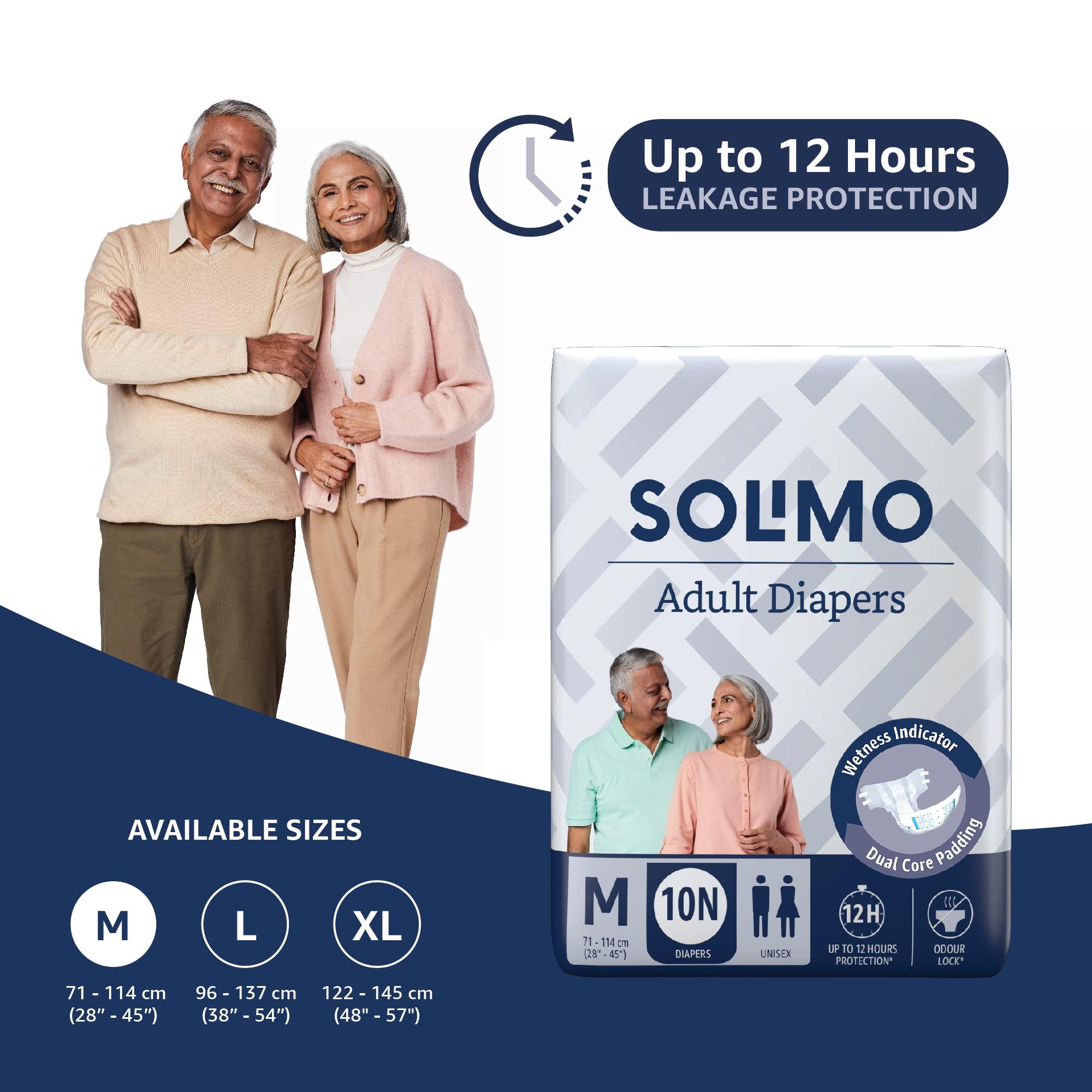 Amazon Brand - Solimo Amazon Brand - Solimo Adult Diapers Tape Style Medium (M) Size, 30 Count | 71-114 cm (28\'\' - 45\'\') | with Fast absorption, Leak Proof, Unisex