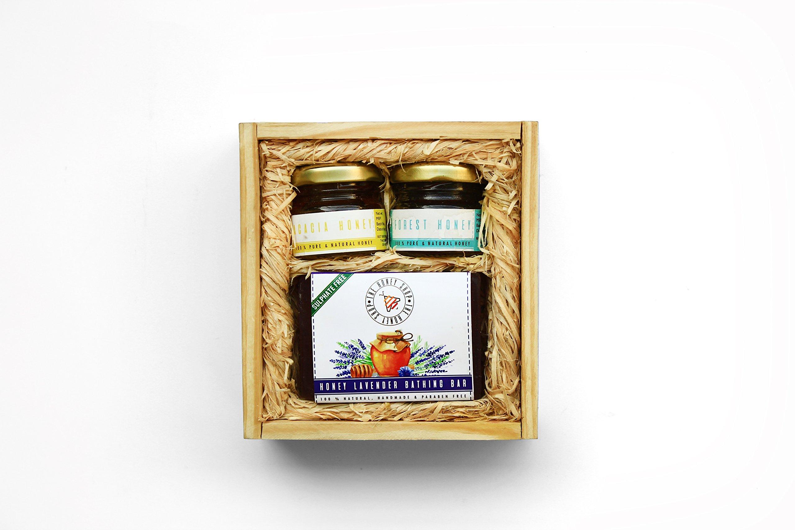 The Honey Shop THE HONEY SHOP - Honey Bloom Gift Hamper - Healthy & Natural, Packed in Hand Crafted Pine Wood Box (Pack of 1)