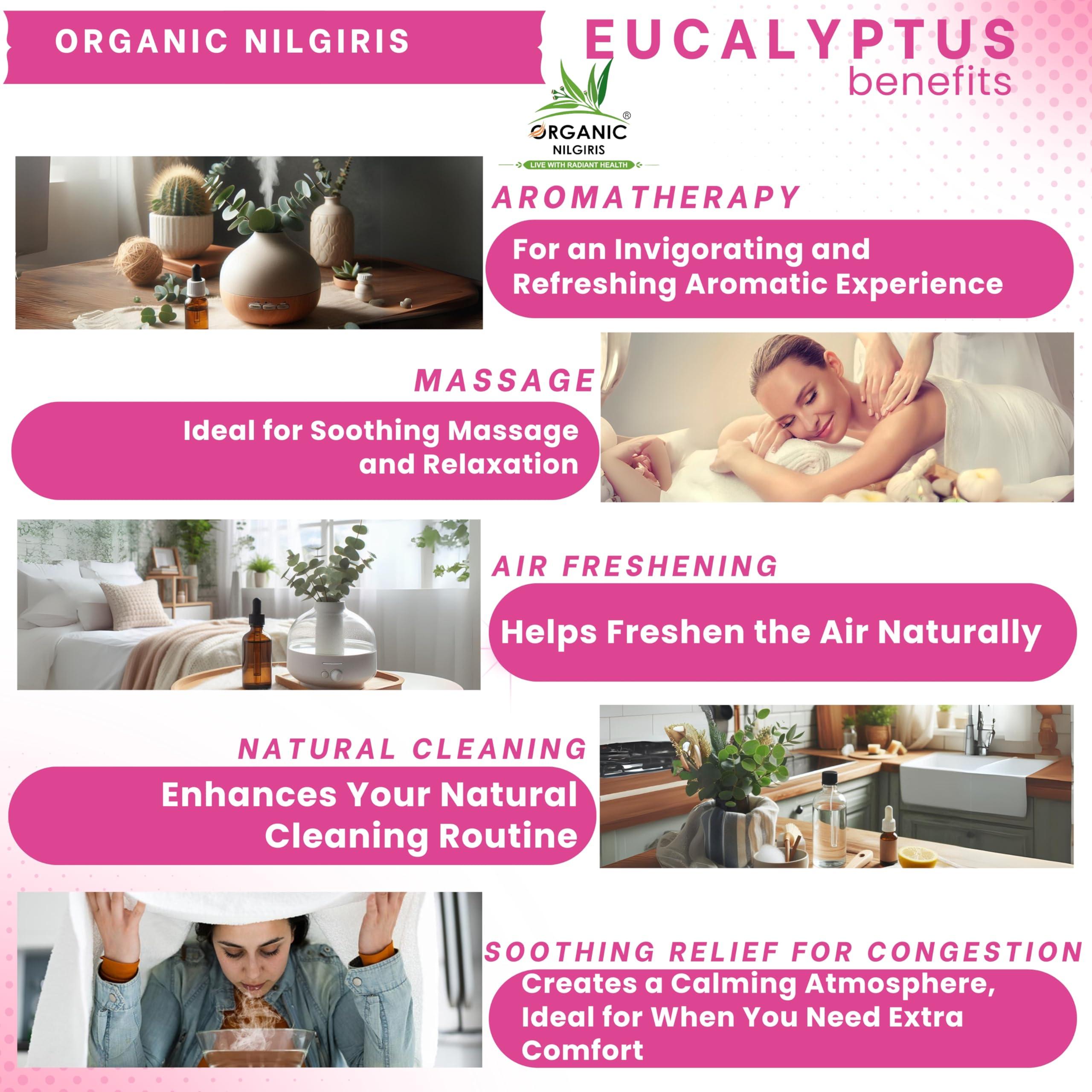 ORGANIC NILGIRIS - Live with Radiant Heath Organic Nilgiris Pure, cold-pressed Natural eucalyptus oil from the Nilgiri region: Pure Refreshing Eucalyptus oil for comfort and relaxation Aroma for Cold Cough wellness Support, Steam Inhalation, Aromatherapy, and Diffuser Bliss-(120ml-3p)
