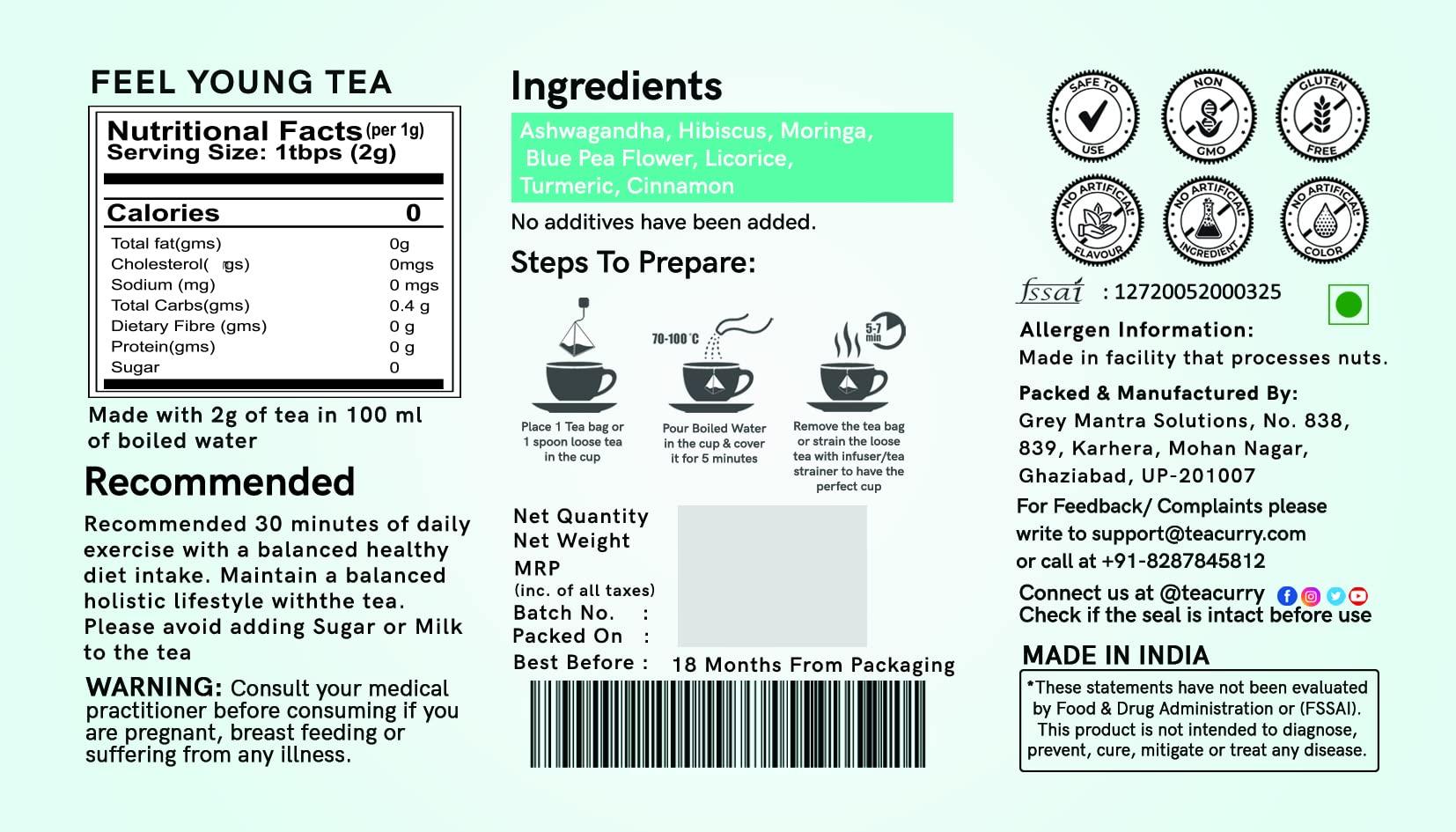 TEACURRY TEACURRY Anti Ageing Tea (3 Month Pack, 90 Tea Bags) - Helps with Wrinkles, Skin Glow, Hair Care, Premature Ageing - Skin Tea - Herbal Tea for Skin - Feel Young Tea