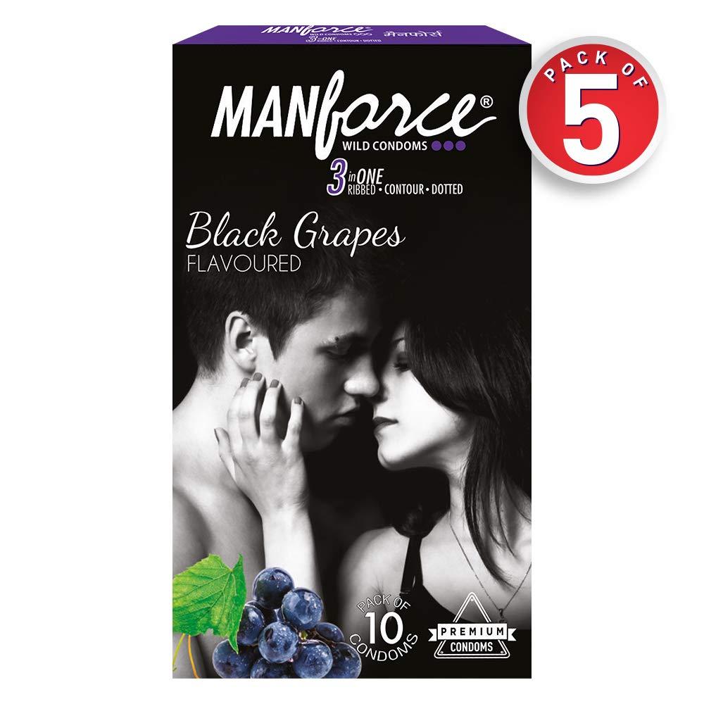 Manforce Manforce 3 in 1 Wild Condoms (Ribbed, Contour, Dotted), Black Grapes Flavoured- 10 Pieces (Pack of 5)