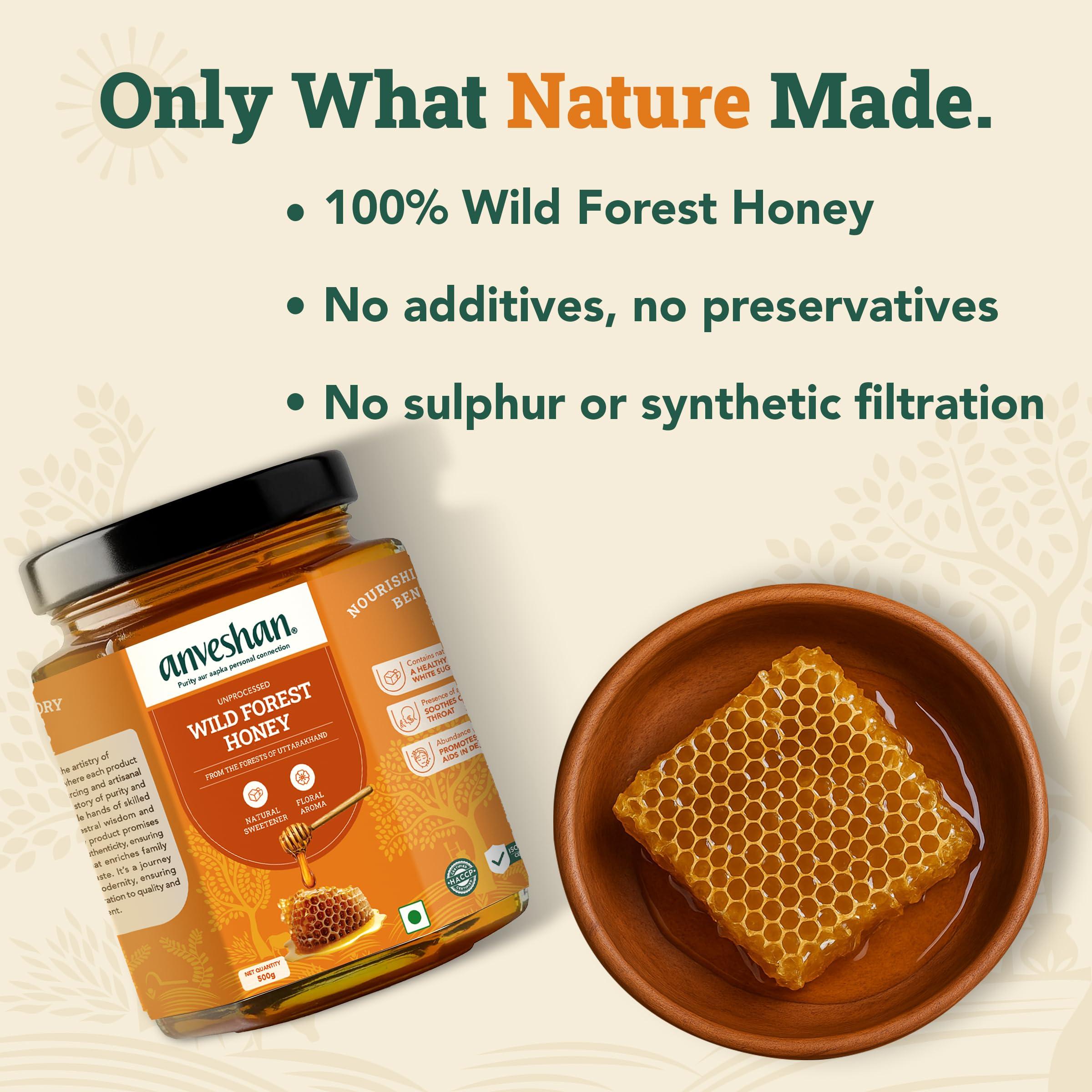 Anveshan Empowering farmers with technology Anveshan Wild Forest Honey 500g | Glass Jar | NMR tested | Raw & Unprocessed | No Added Sugar | Immunity Boosting