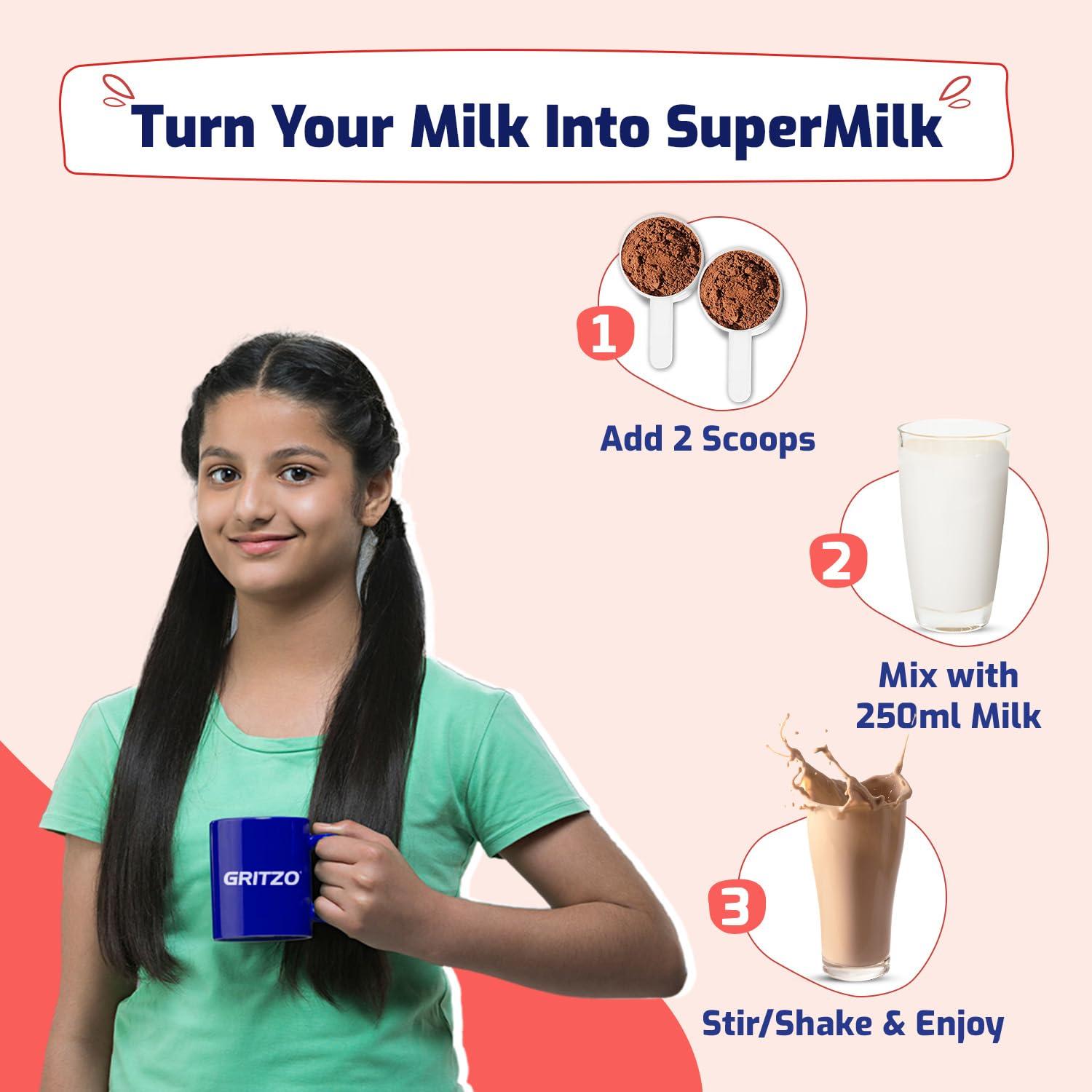 Gritzo Gritzo SuperMilk Height+ (13+y Girls), 13g Protein (Double Chocolate, 1kg) | Zero Refined Sugar, 21 Vitamins & Minerals